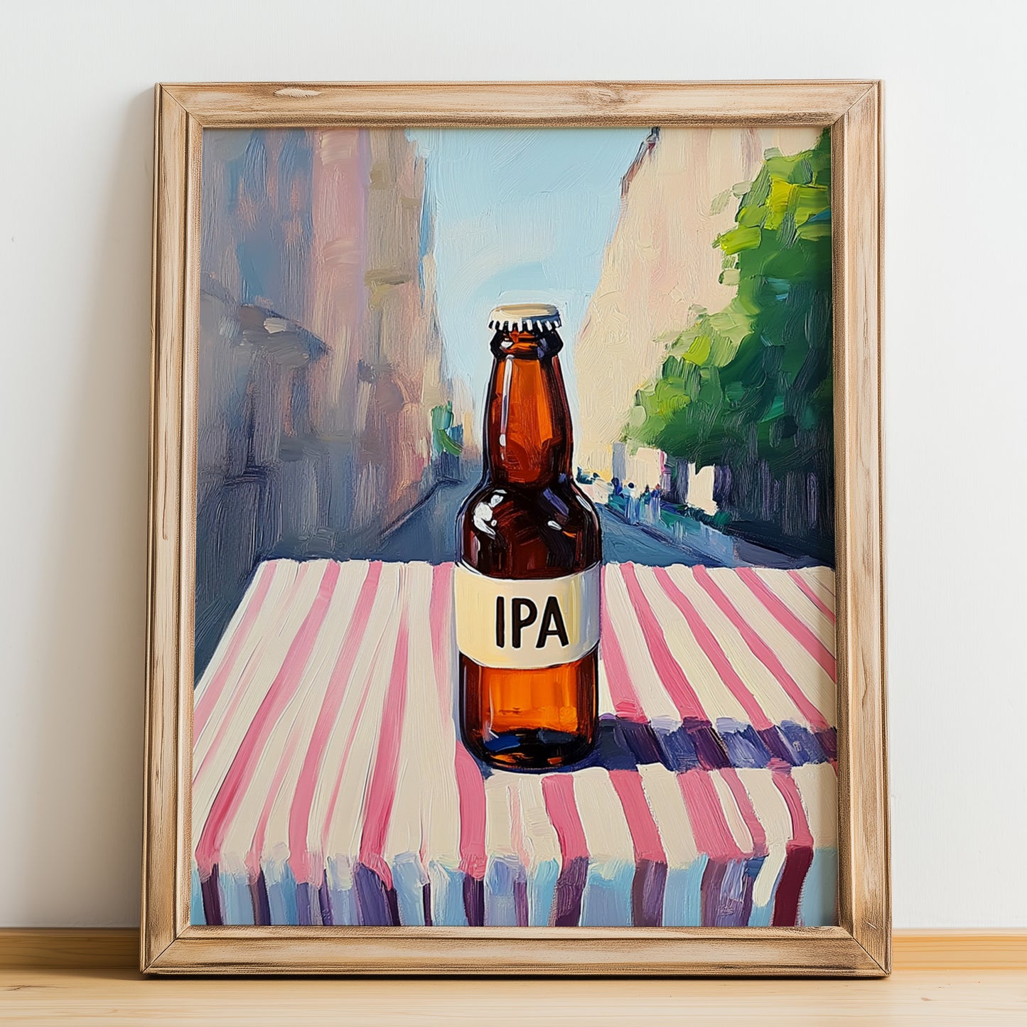 IPA – English Street Café Scene, English Beer Illustration, no-text version framed in wood