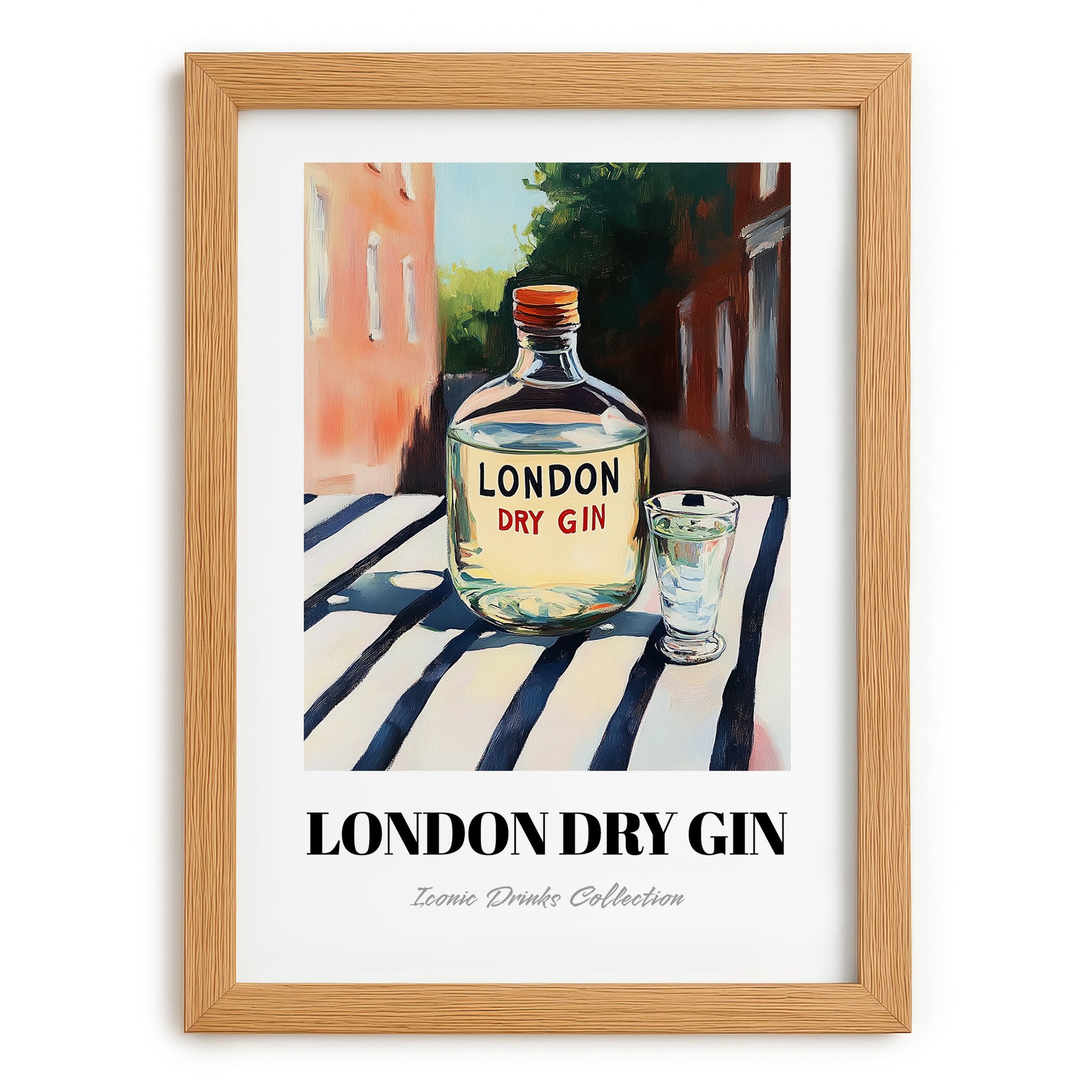 London Dry Gin – English Outdoor Café Scene, English Spirit Wall Poster, set in oak frame