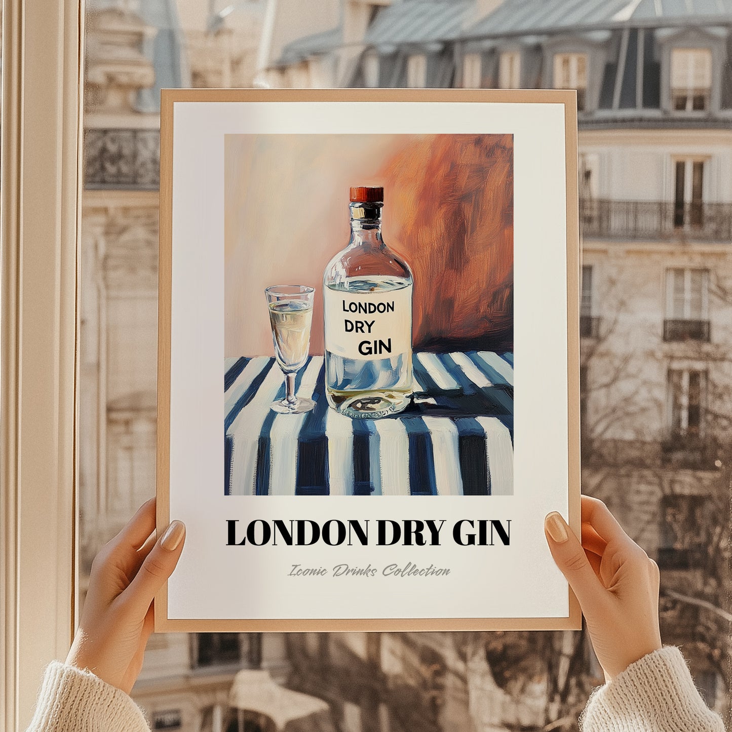 London Dry Gin – on Striped Tablecloth, English Spirit Illustration, styled in a charming Paris street view