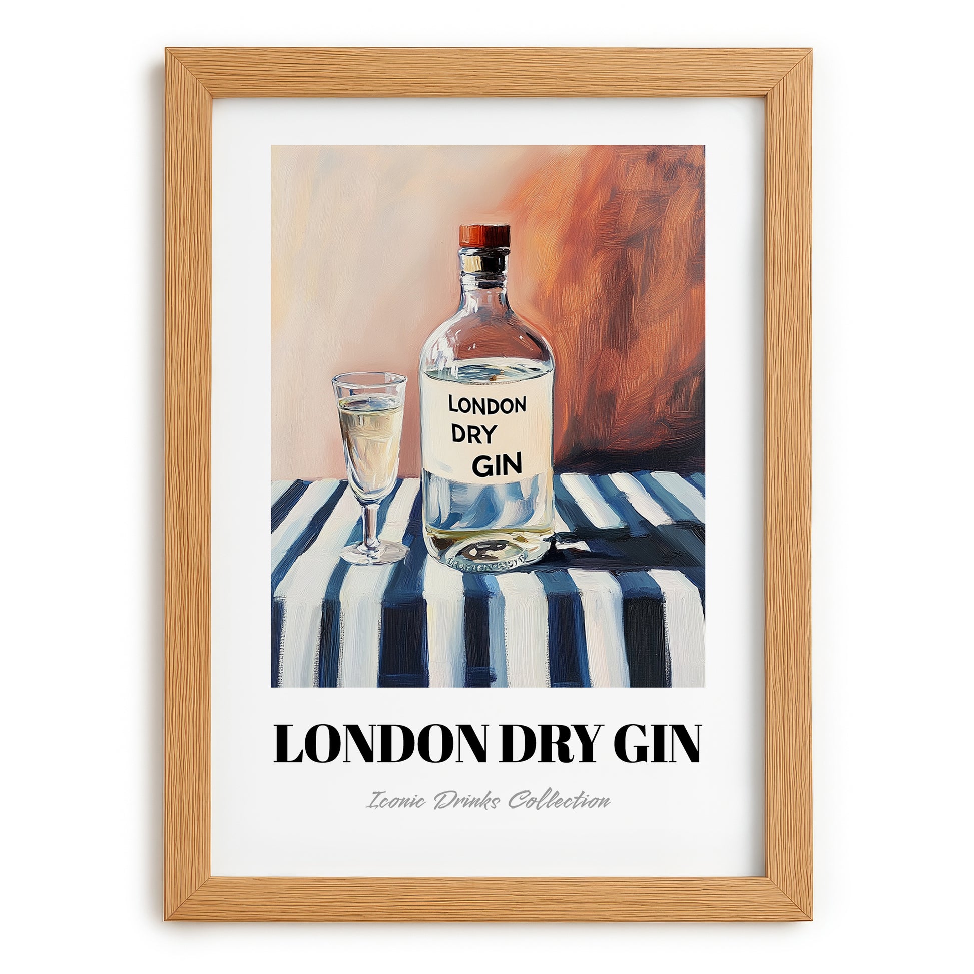 London Dry Gin – on Striped Tablecloth, English Spirit Illustration, set in oak frame