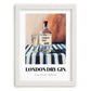London Dry Gin – on Striped Tablecloth, English Spirit Illustration, placed in minimal white frame
