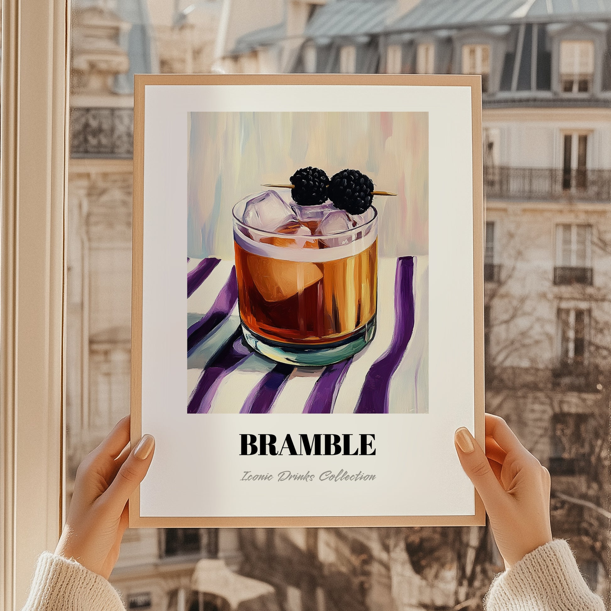 Bramble – on Striped Tablecloth, English Cocktail Wall Decor, styled in a charming Paris street view