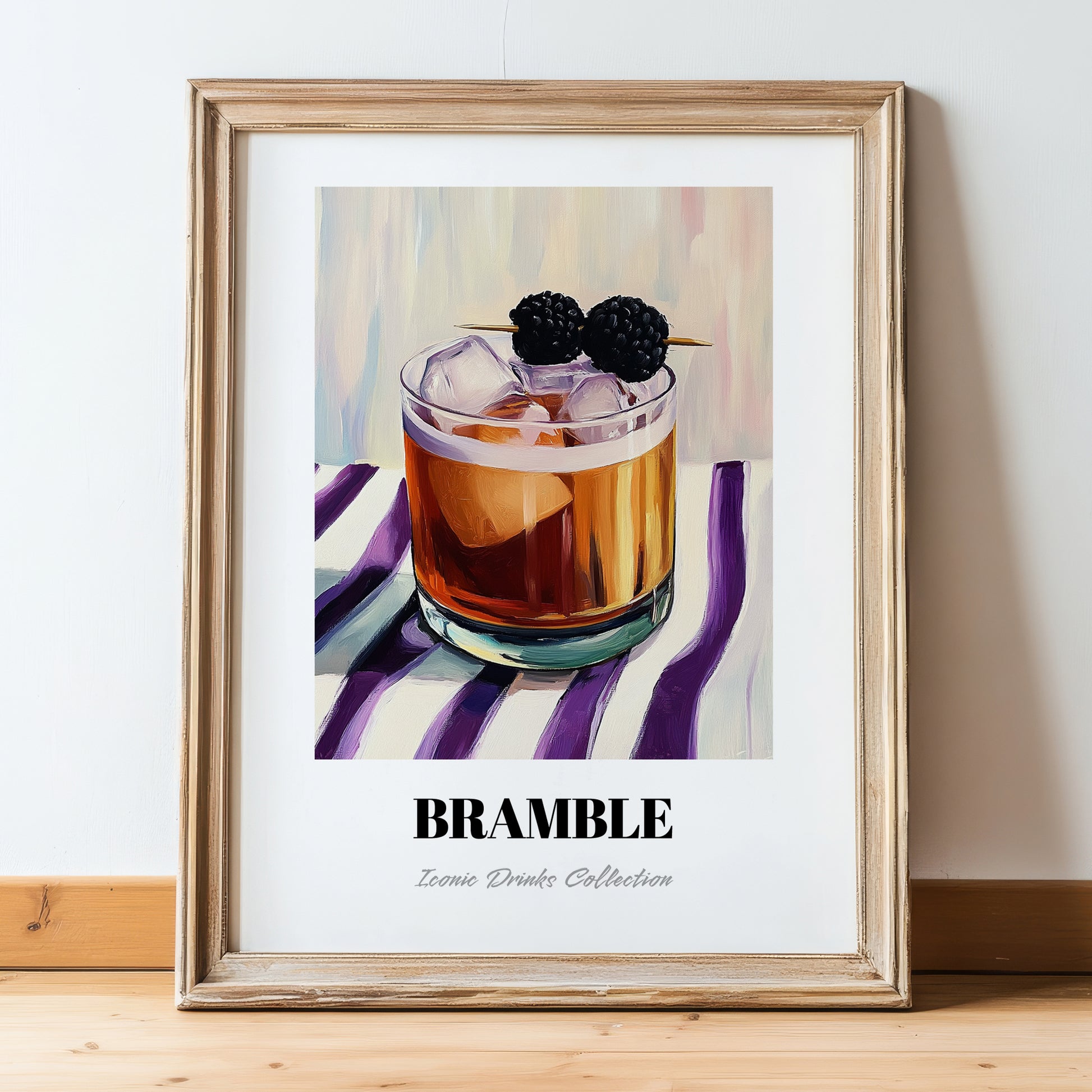 Bramble – on Striped Tablecloth, English Cocktail Wall Decor, in wooden frame leaning on the floor