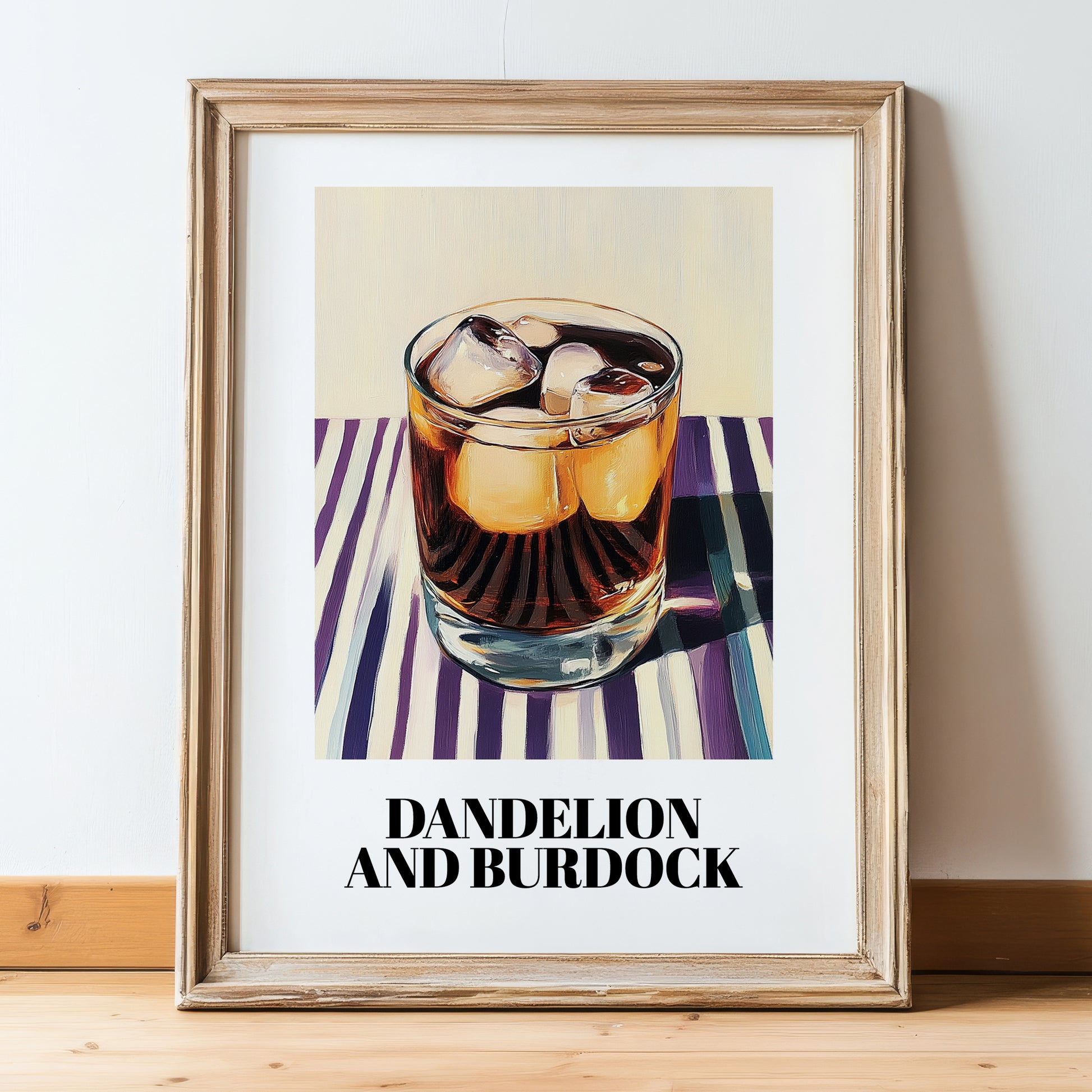 Dandelion And Burdock – on Striped Tablecloth, English Beverage Wall Print, in wooden frame leaning on the floor