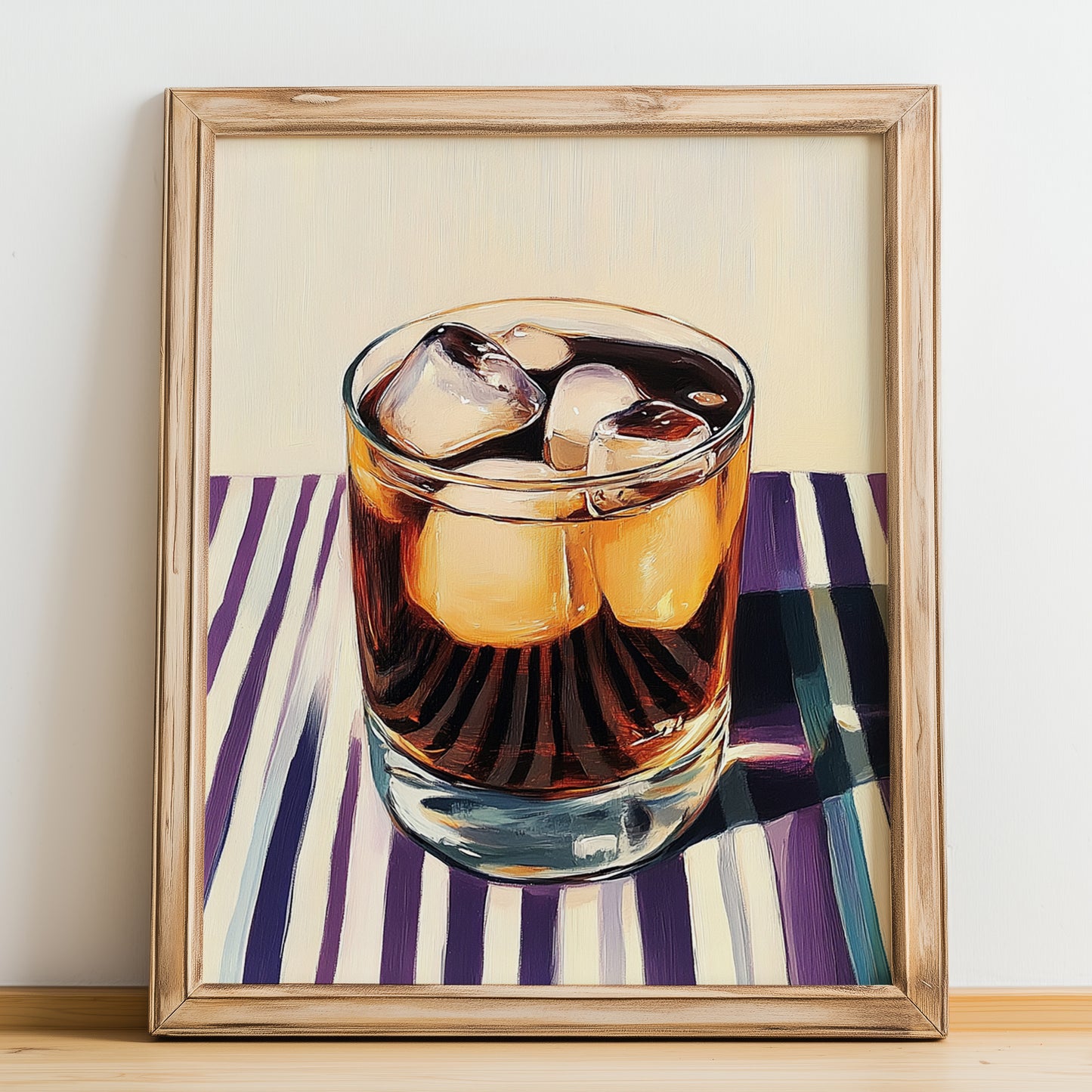 Dandelion And Burdock – on Striped Tablecloth, English Beverage Wall Print, no-text version framed in wood