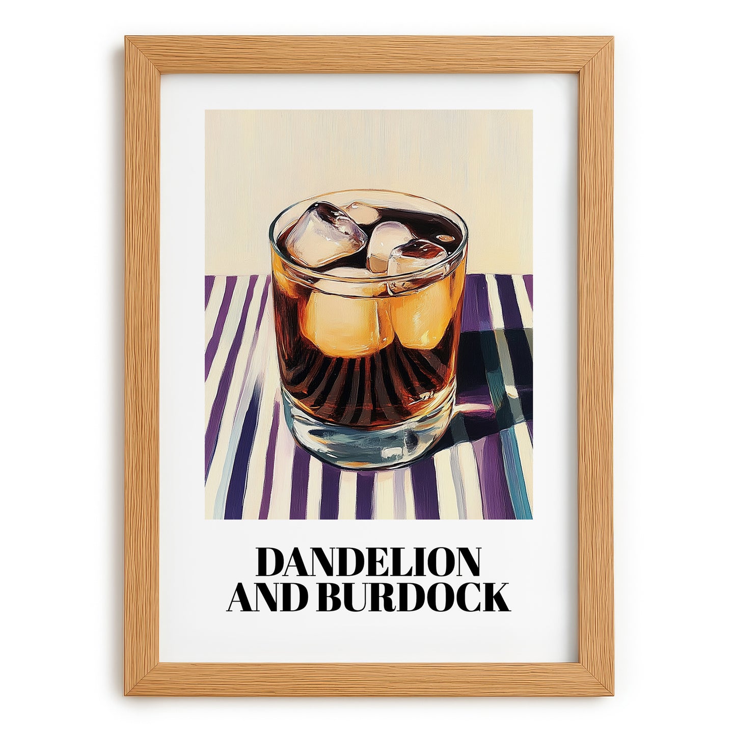 Dandelion And Burdock – on Striped Tablecloth, English Beverage Wall Print, set in oak frame
