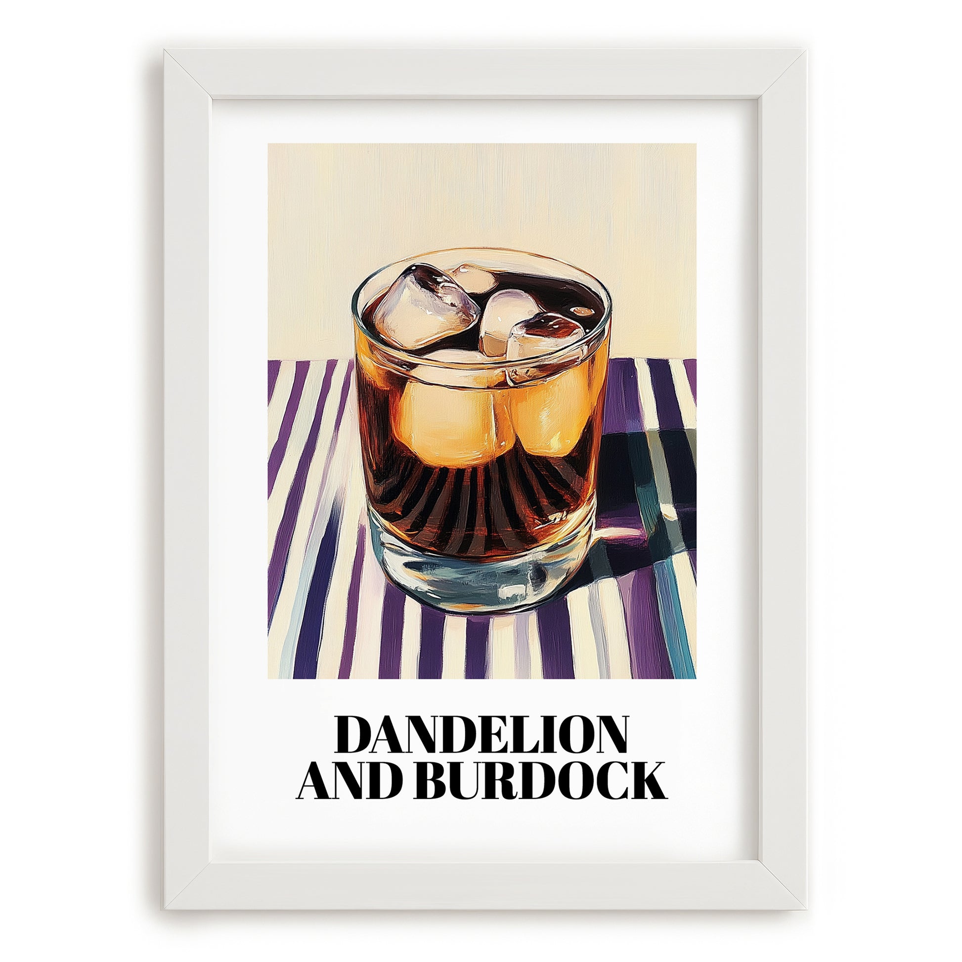 Dandelion And Burdock – on Striped Tablecloth, English Beverage Wall Print, placed in minimal white frame