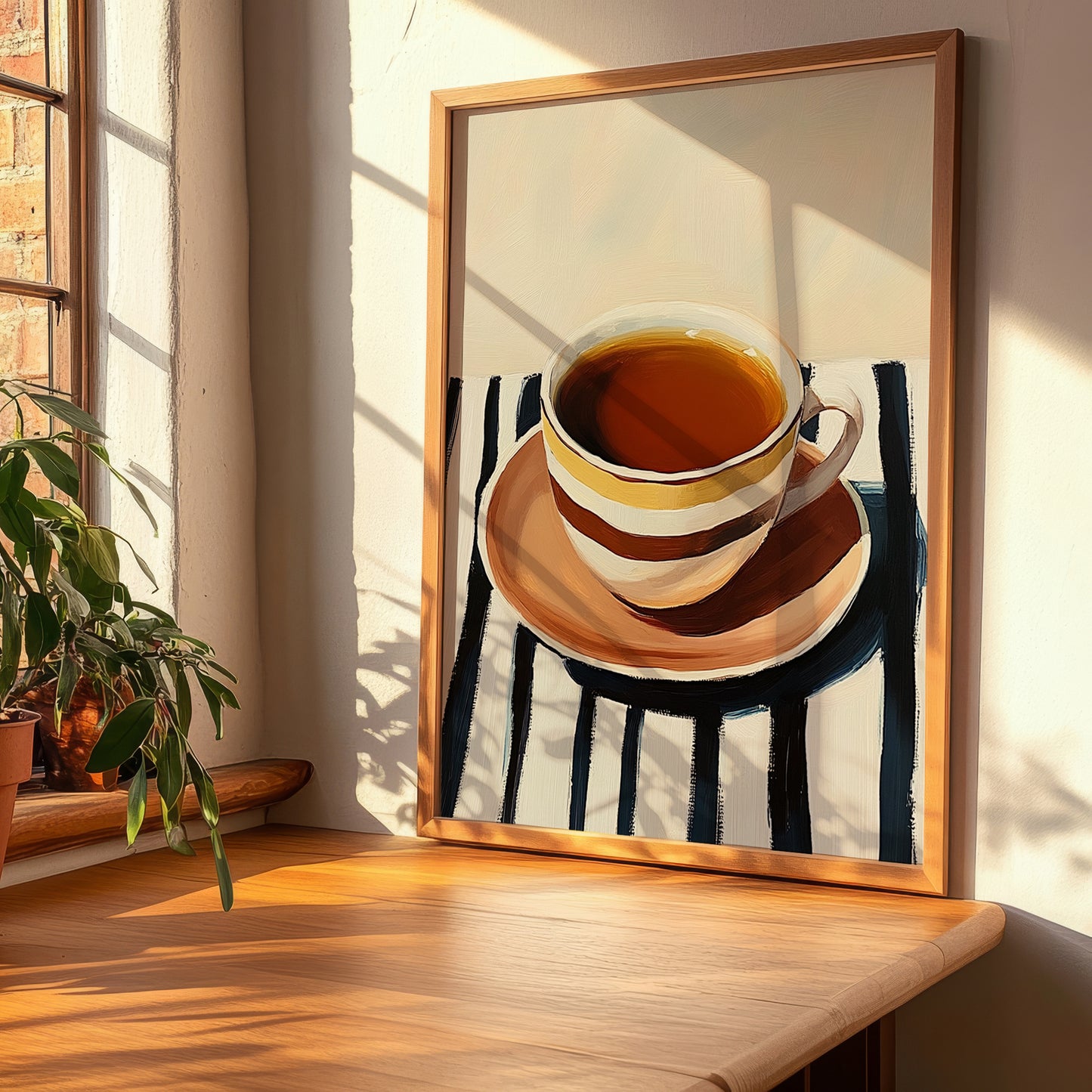 English Breakfast Tea – on Striped Tablecloth, English Tea Still Life, clean layout with no caption