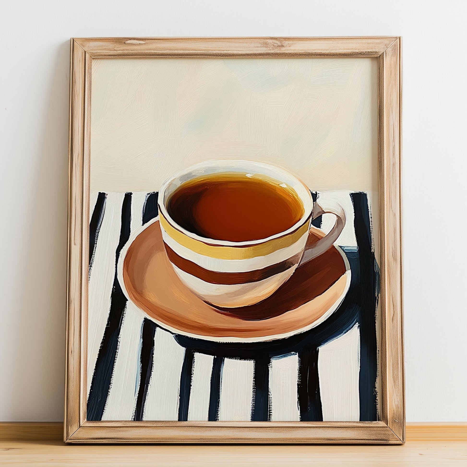 English Breakfast Tea – on Striped Tablecloth, English Tea Still Life, no-text version framed in wood