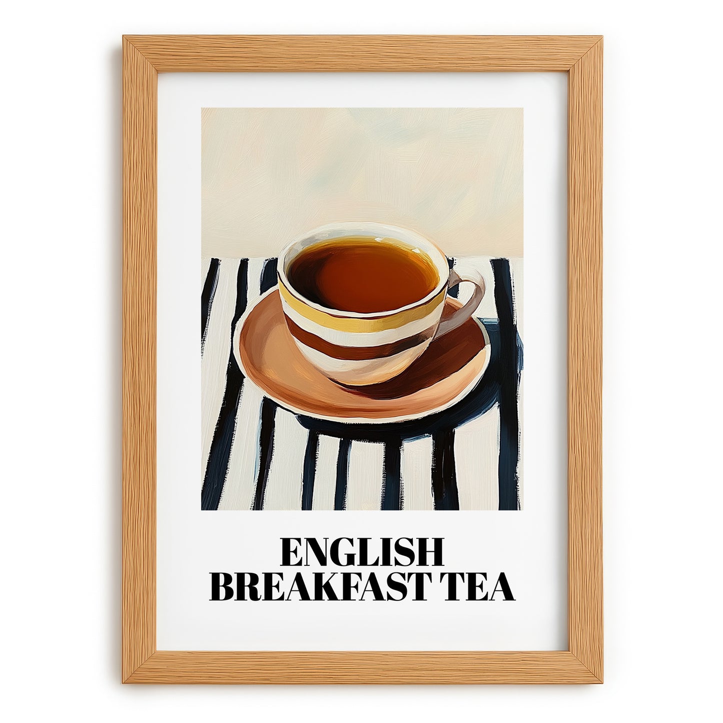 English Breakfast Tea – on Striped Tablecloth, English Tea Still Life, set in oak frame