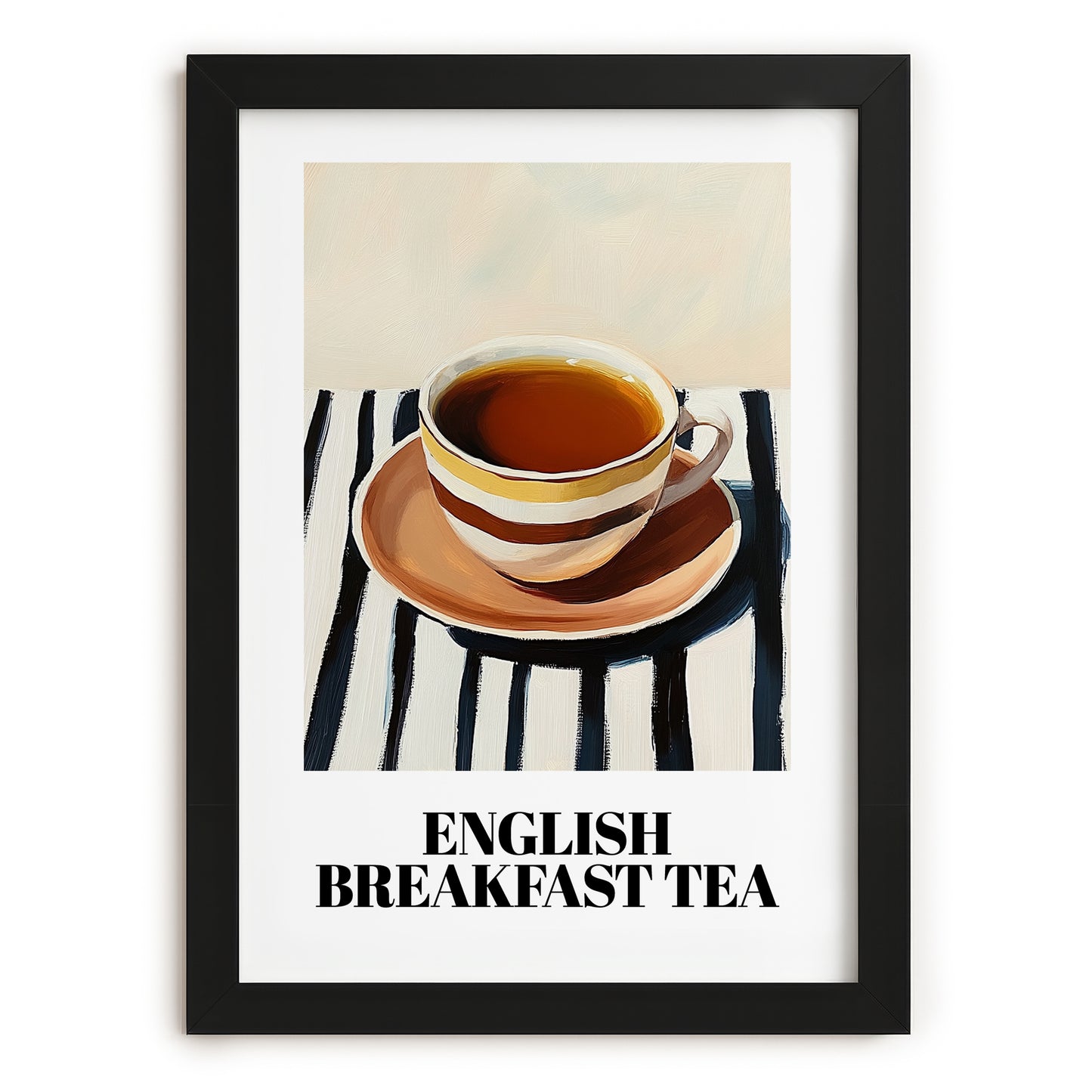 English Breakfast Tea – on Striped Tablecloth, English Tea Still Life, in sleek black frame