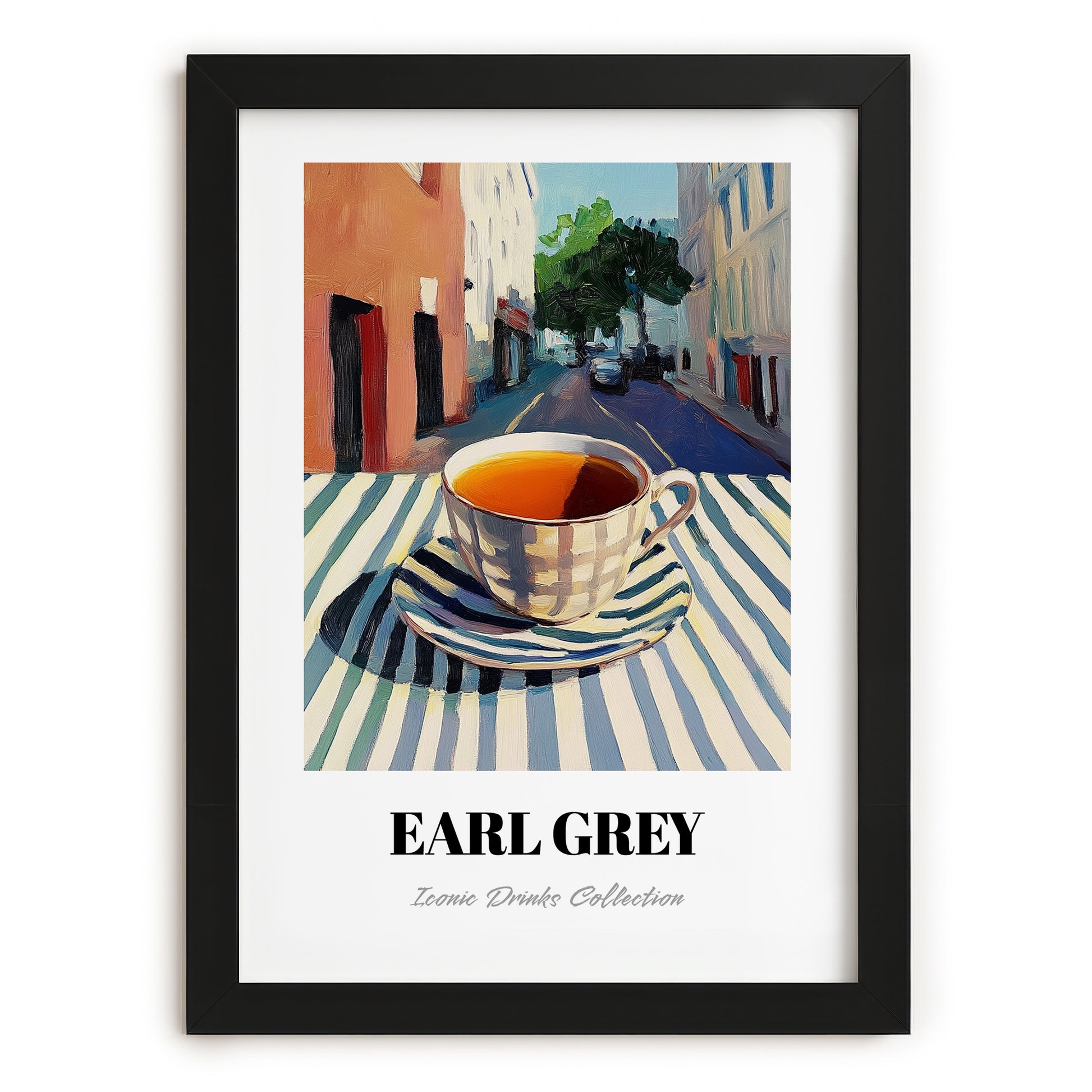 Earl Grey – English Urban Café Scene, English Tea Illustration, in sleek black frame