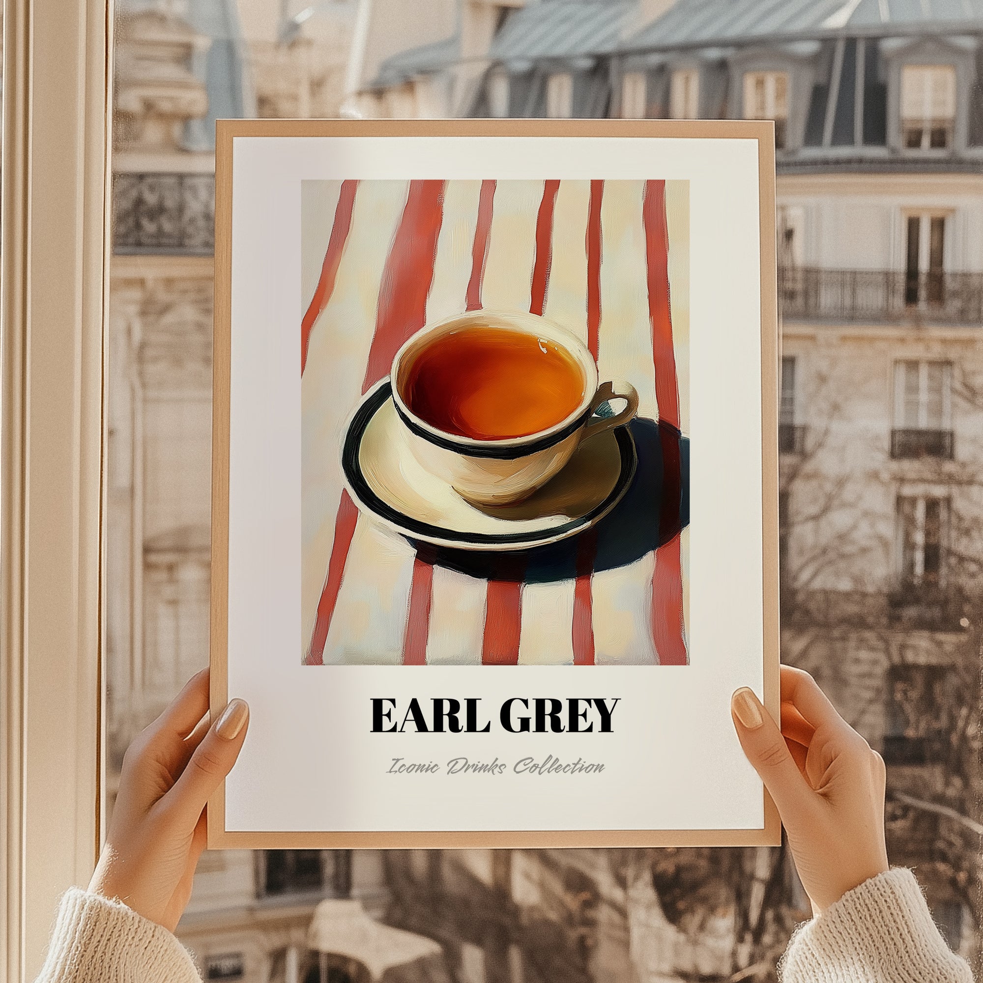 Earl Grey – on Striped Tablecloth, English Tea Still Life, styled in a charming Paris street view