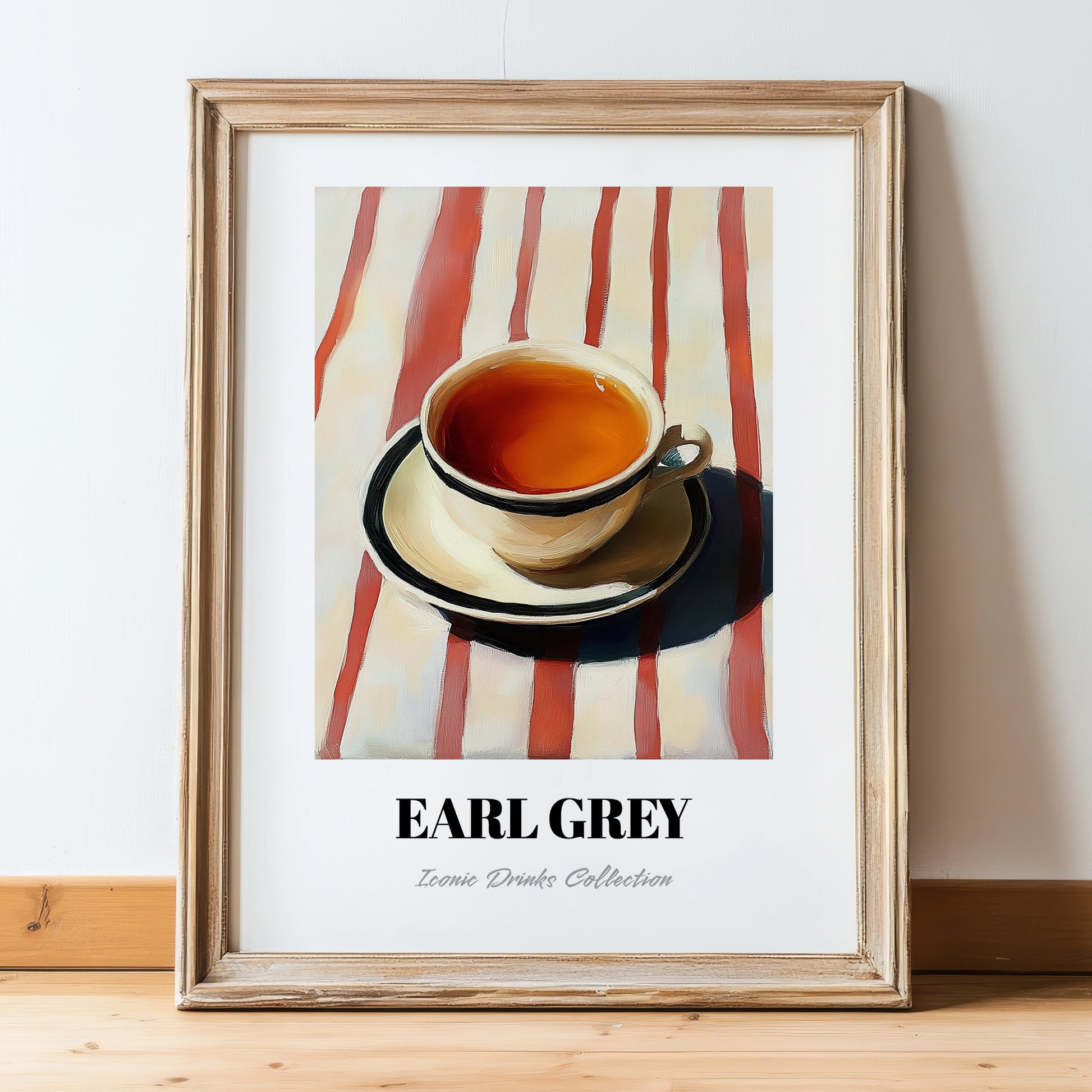 Earl Grey – on Striped Tablecloth, English Tea Still Life, in wooden frame leaning on the floor