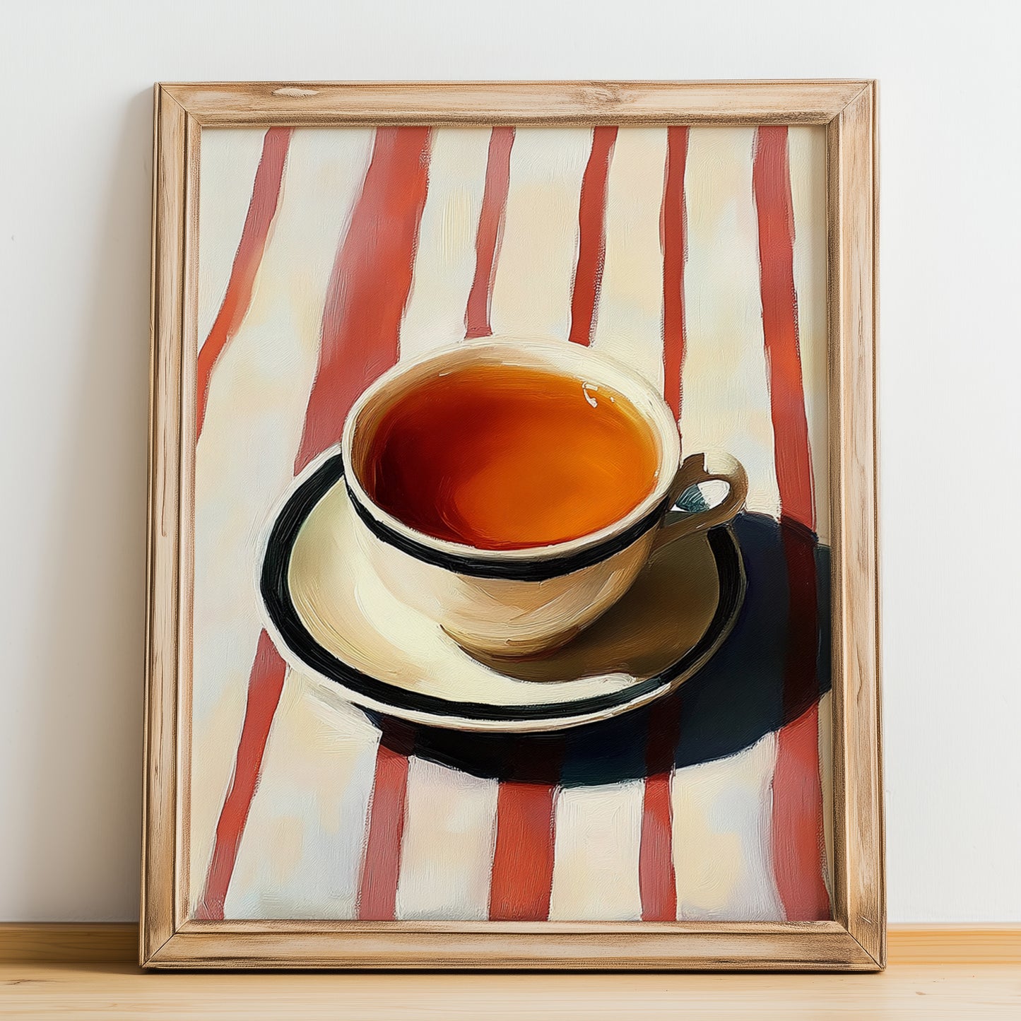 Earl Grey – on Striped Tablecloth, English Tea Still Life, no-text version framed in wood