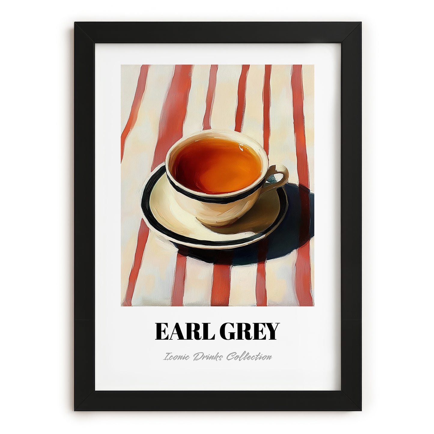 Earl Grey – on Striped Tablecloth, English Tea Still Life, in sleek black frame