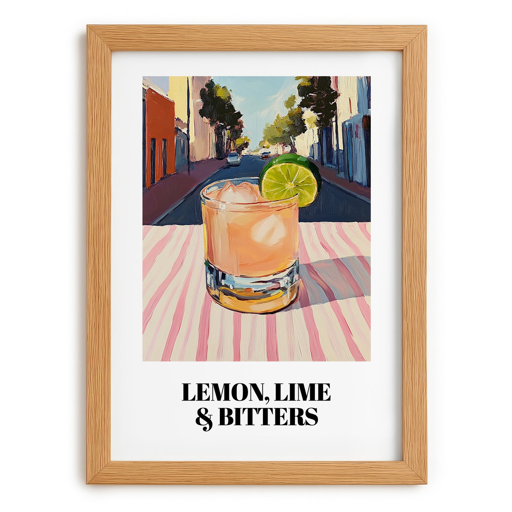 LemonLime & Bitters – Australian Outdoor Café Scene, Australian Beverage Wall Print, set in oak frame