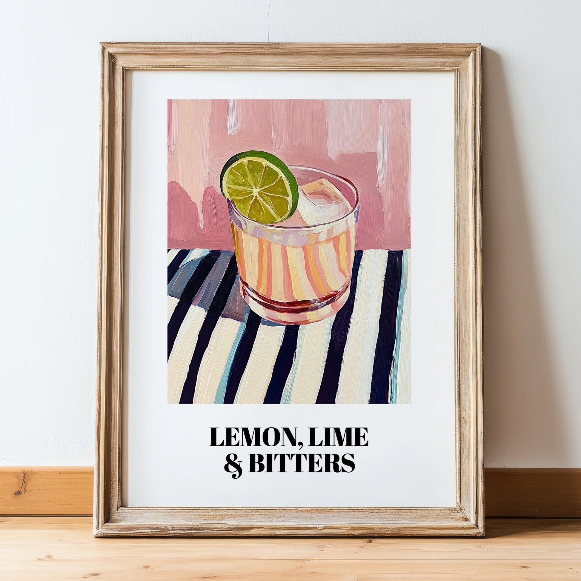 LemonLime & Bitters – on Striped Tablecloth, Australian Beverage Painting, in wooden frame leaning on the floor