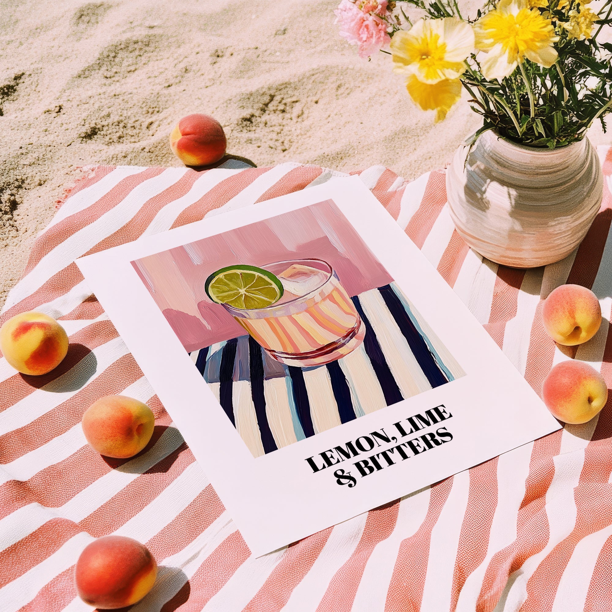 LemonLime & Bitters – on Striped Tablecloth, Australian Beverage Painting, unframed on coastal sand