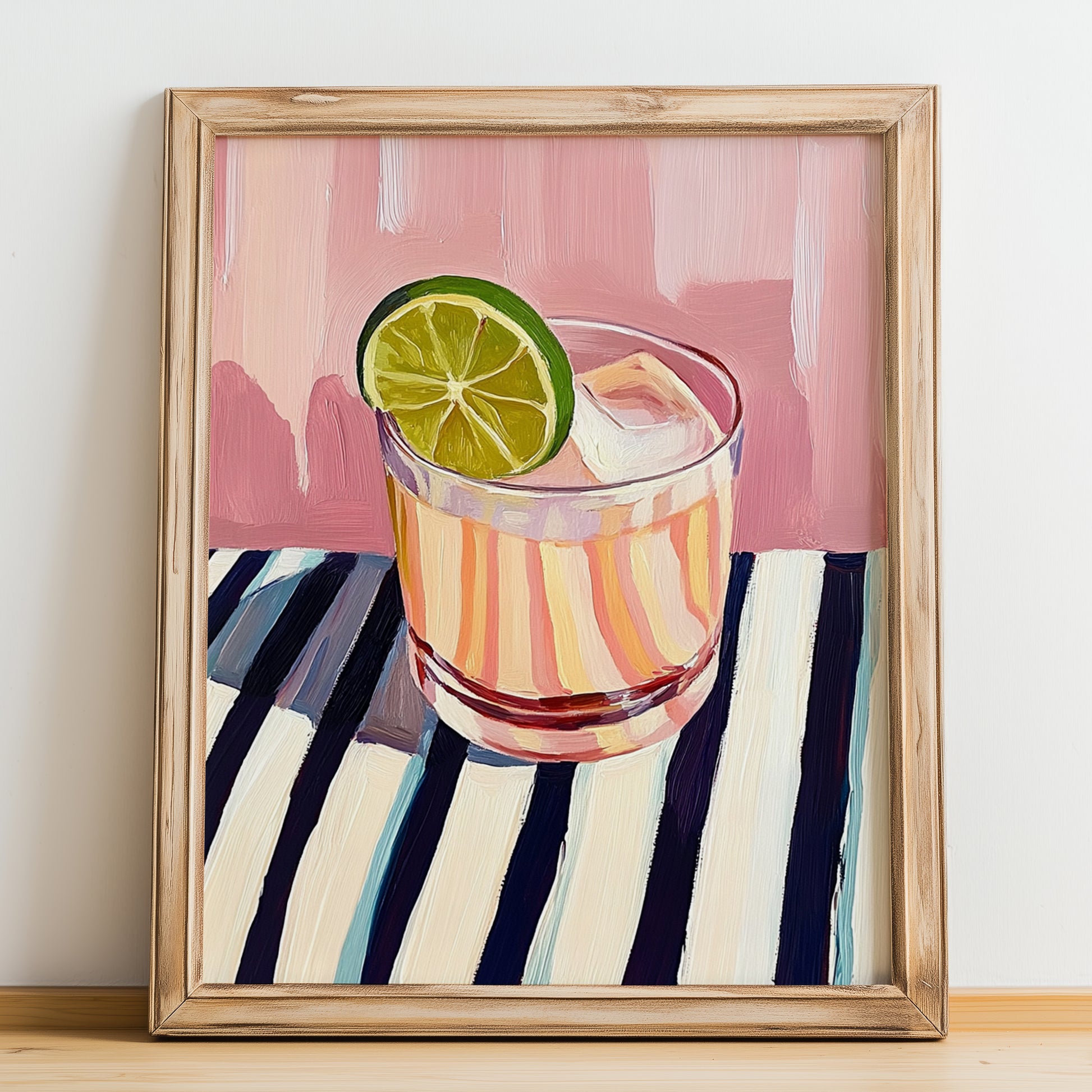 LemonLime & Bitters – on Striped Tablecloth, Australian Beverage Painting, no-text version framed in wood