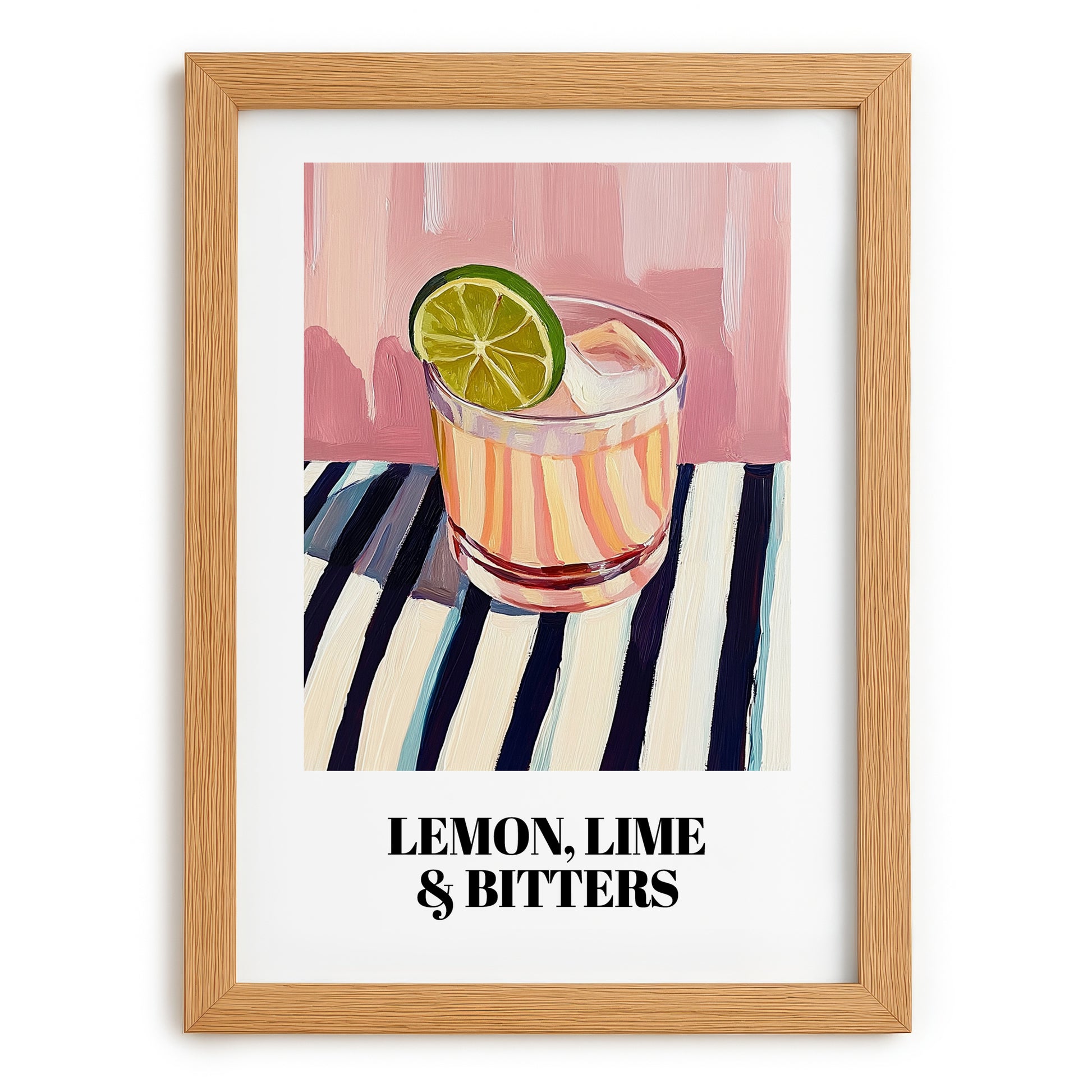 LemonLime & Bitters – on Striped Tablecloth, Australian Beverage Painting, set in oak frame