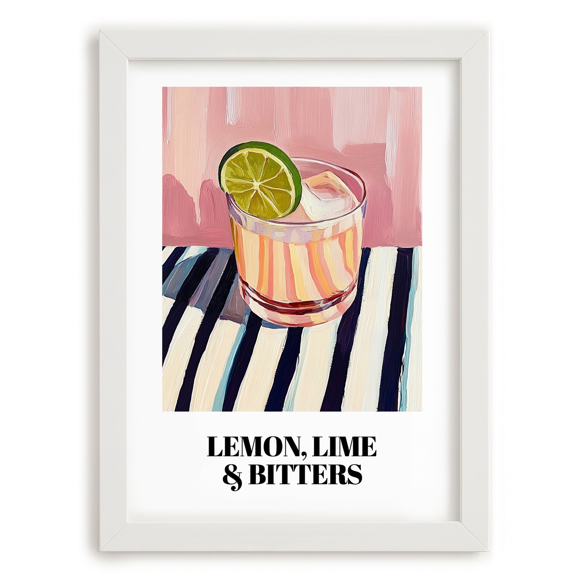 LemonLime & Bitters – on Striped Tablecloth, Australian Beverage Painting, placed in minimal white frame