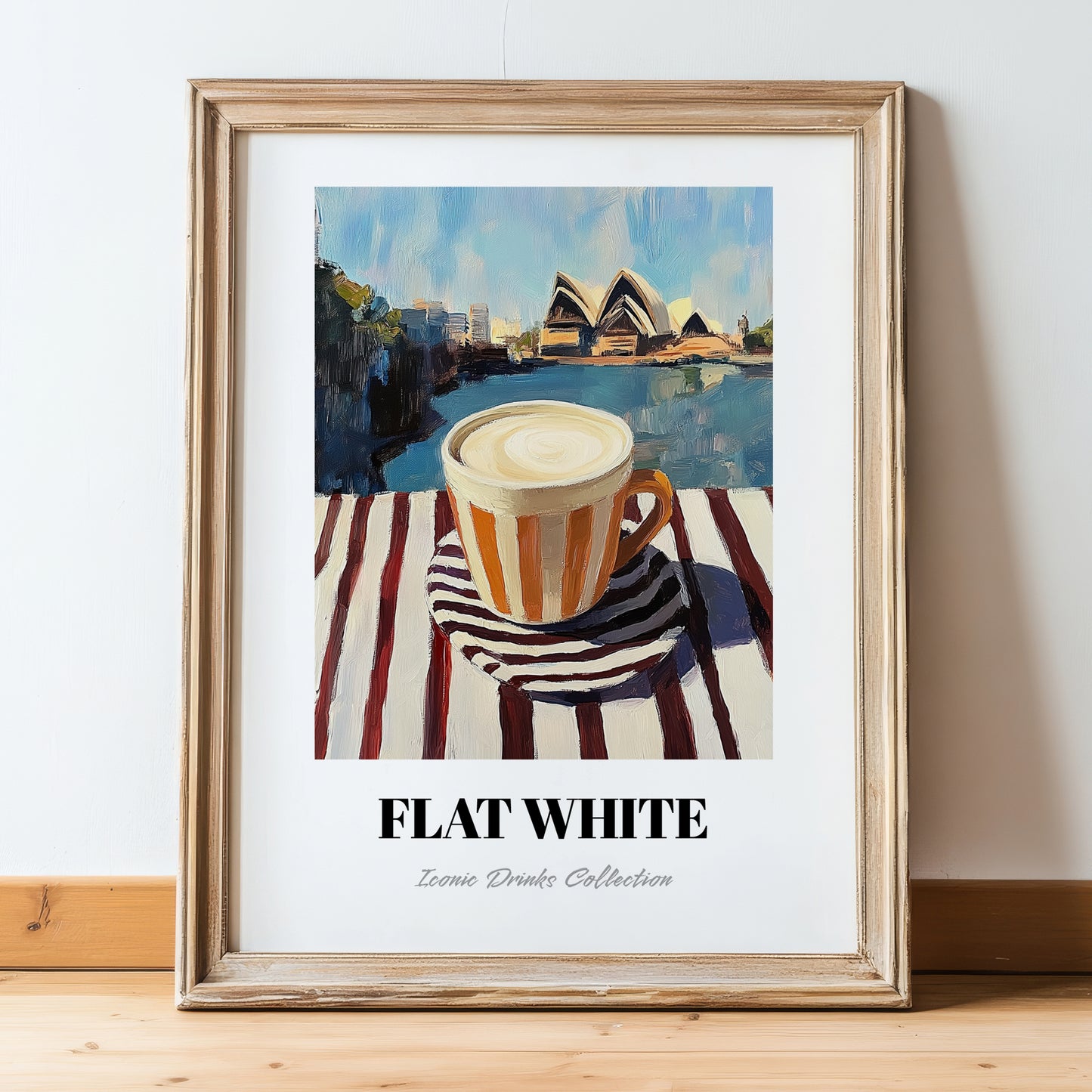 Flat White – Australian Outdoor Café Scene, Australian Beverage Still Life, in wooden frame leaning on the floor