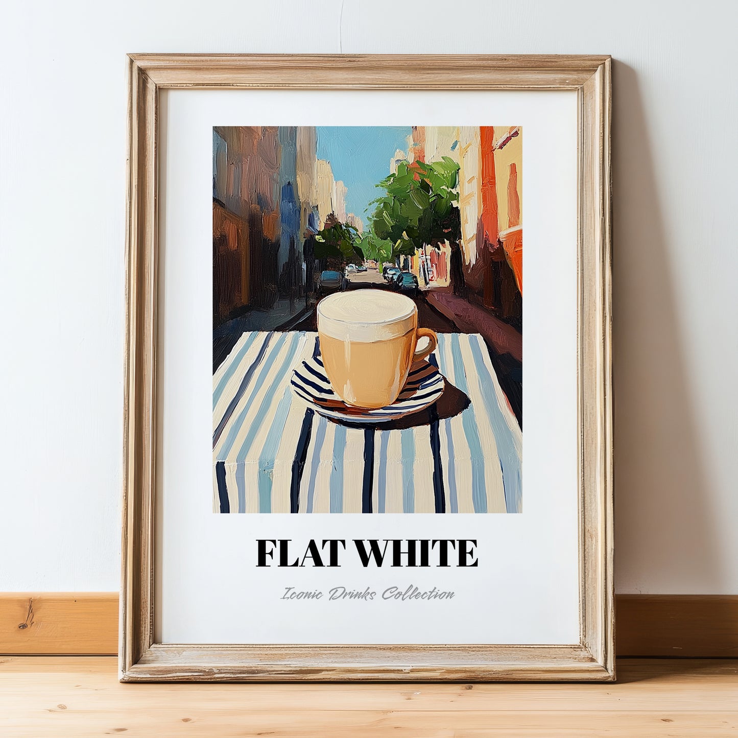 Flat White – Australian Street Café Scene, Australian Coffee Wall Decor, in wooden frame leaning on the floor