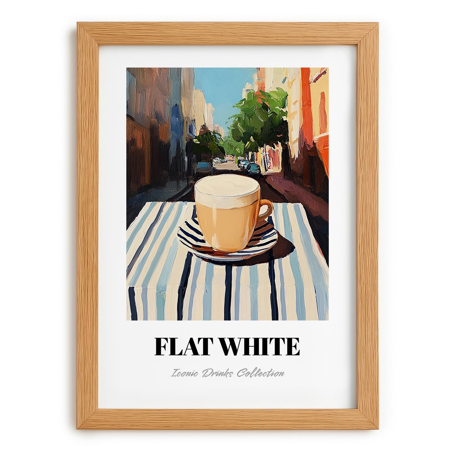 Flat White – Australian Street Café Scene, Australian Coffee Wall Decor, set in oak frame