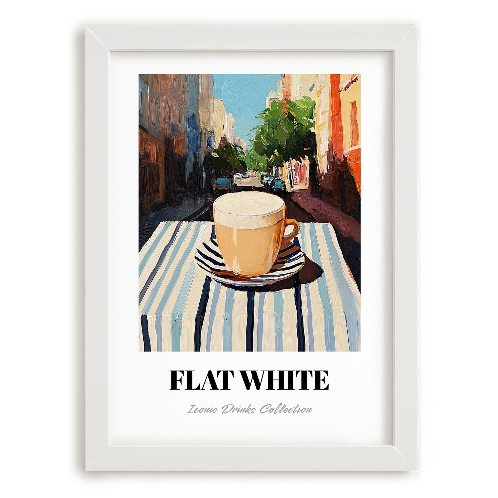 Flat White – Australian Street Café Scene, Australian Coffee Wall Decor, placed in minimal white frame