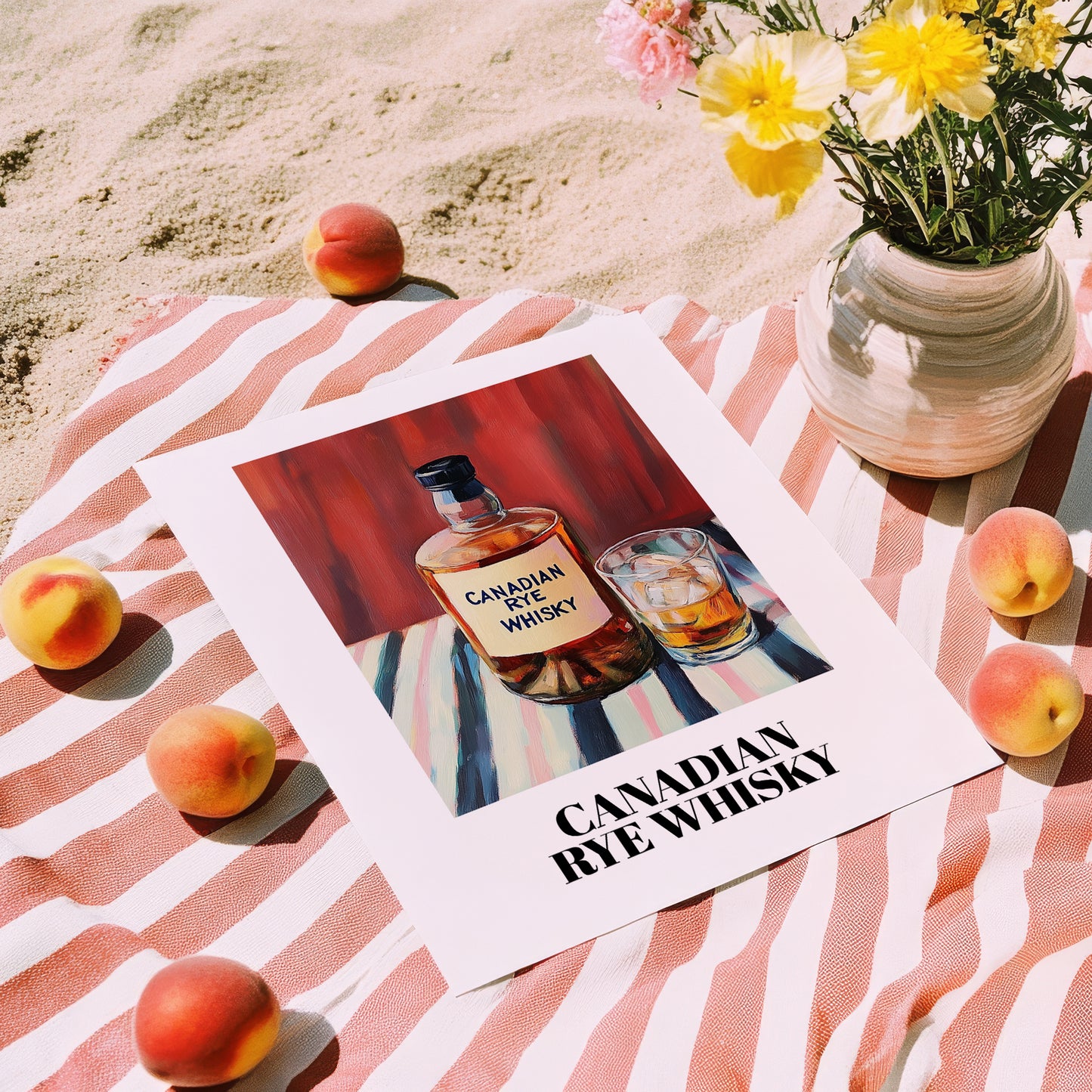 Canadian Rye Whisky – on Striped Tablecloth, Canadian Coffee Wall Decor, unframed on coastal sand