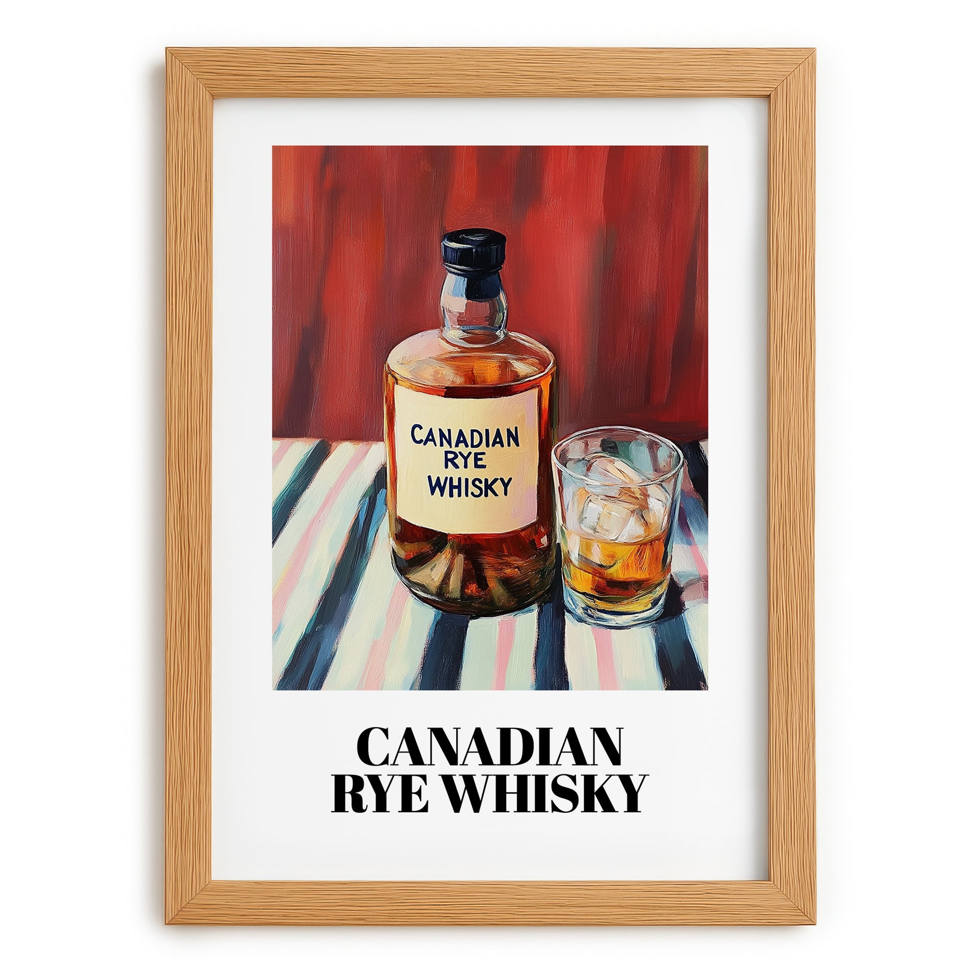 Canadian Rye Whisky – on Striped Tablecloth, Canadian Coffee Wall Decor, set in oak frame