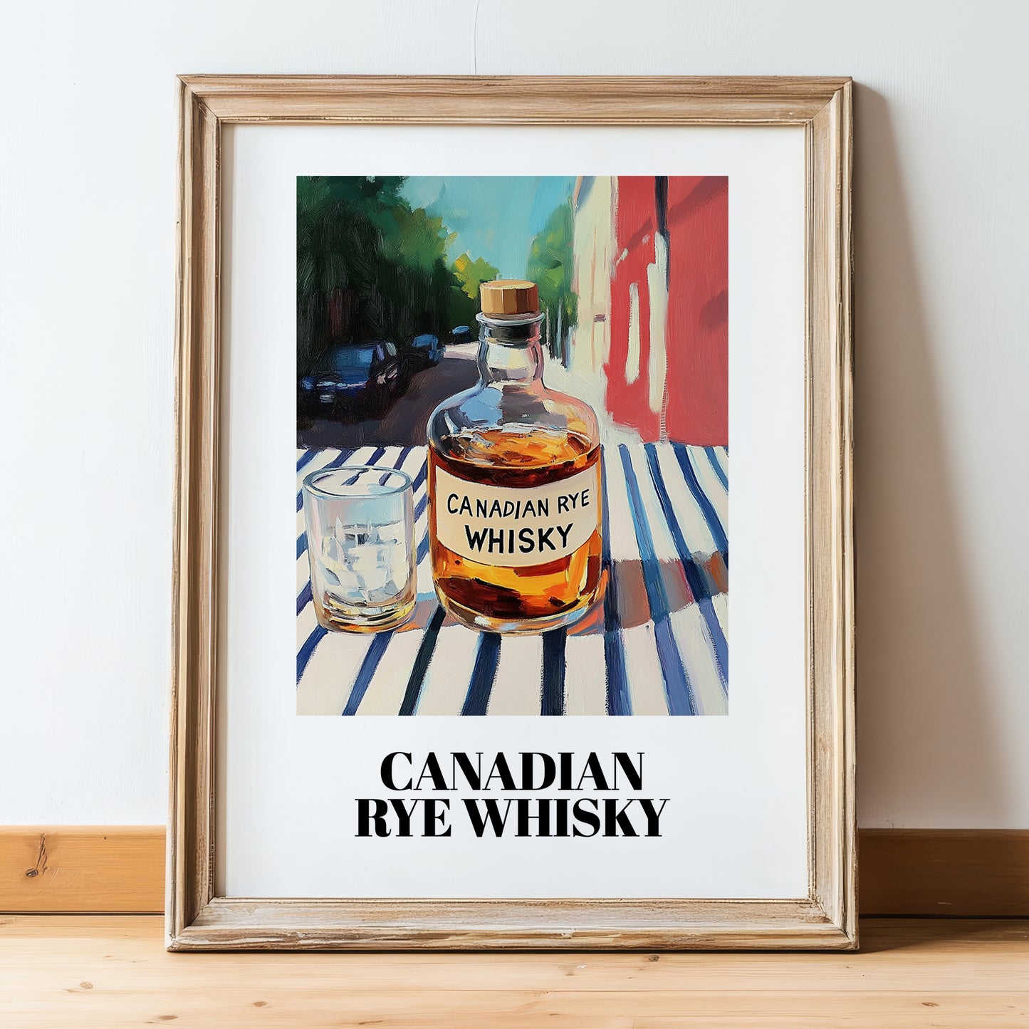 Canadian Rye Whisky – Canadian Café on the Corner, Canadian Whiskey Print, in wooden frame leaning on the floor