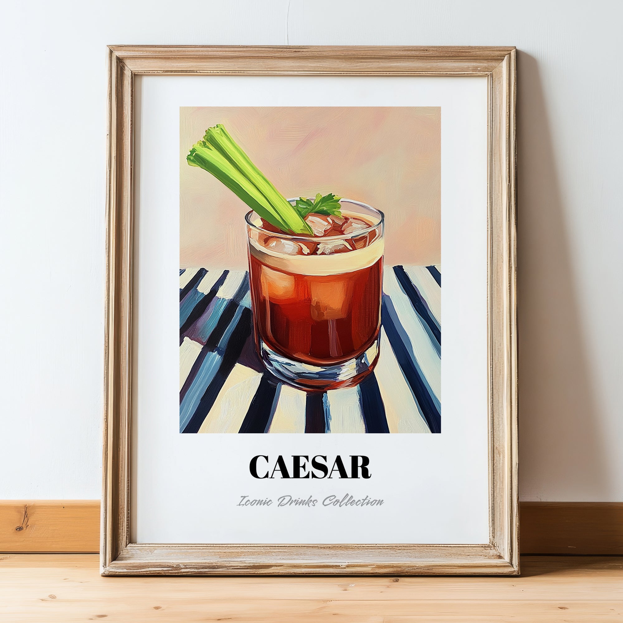 Caesar – on Striped Tablecloth, Canadian Whiskey Still Life, in wooden frame leaning on the floor