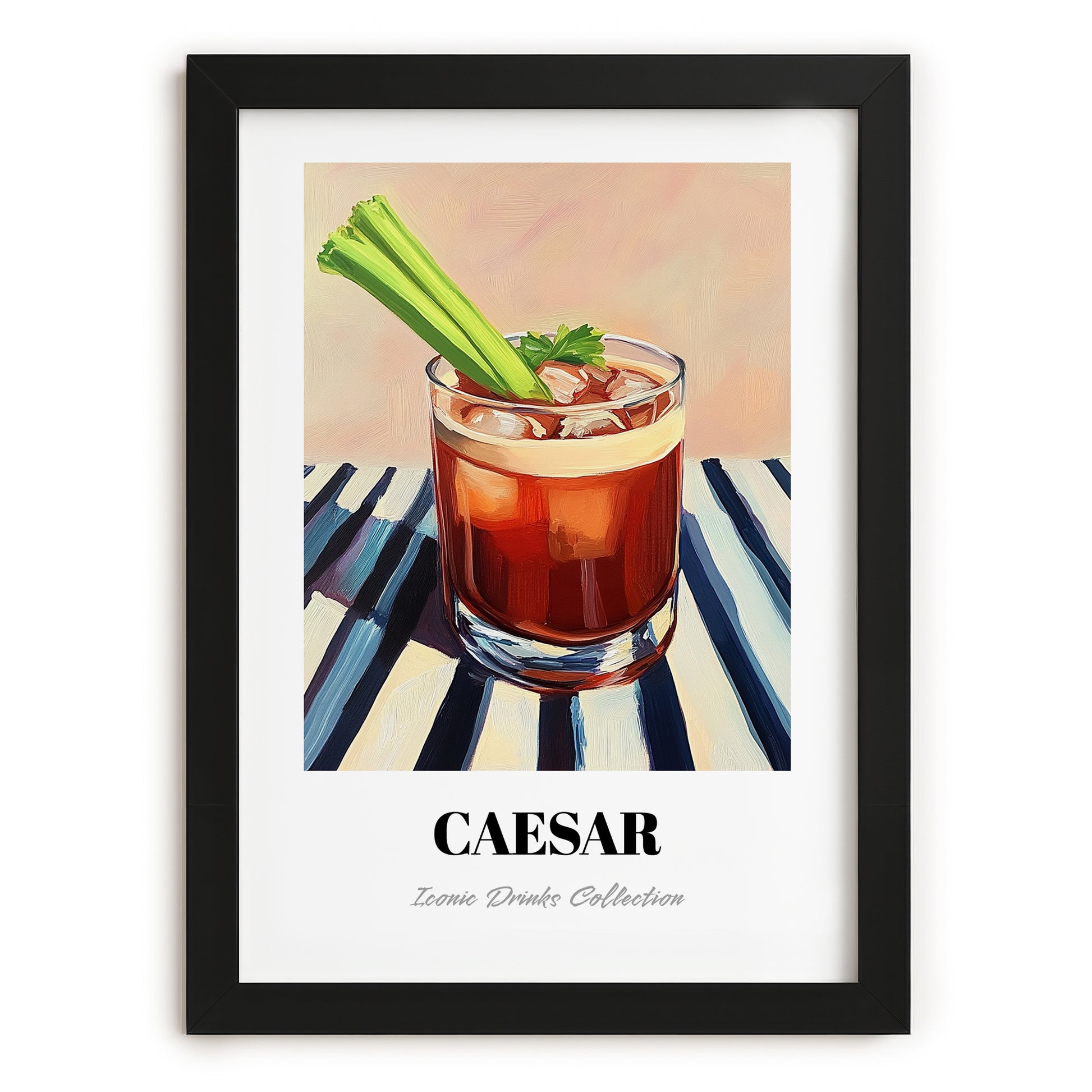 Caesar – on Striped Tablecloth, Canadian Whiskey Still Life, in sleek black frame