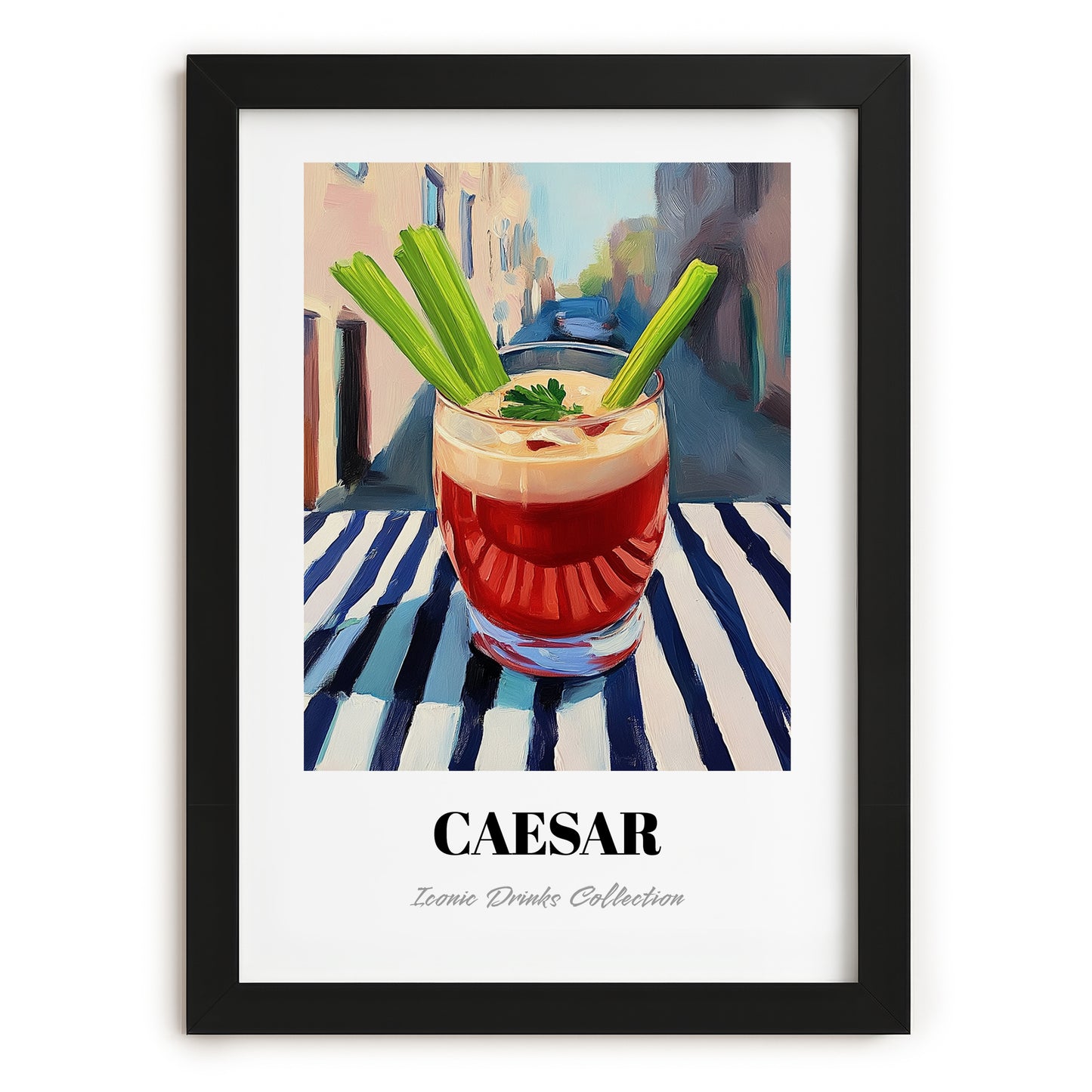 Caesar – Canadian Outdoor Café Scene, Canadian Cocktail Print, in sleek black frame