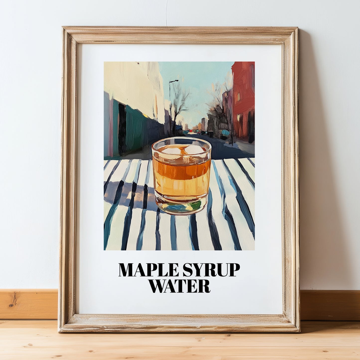 Maple Syrup Water – Canadian Urban Café Scene, Canadian Cocktail Illustration, in wooden frame leaning on the floor