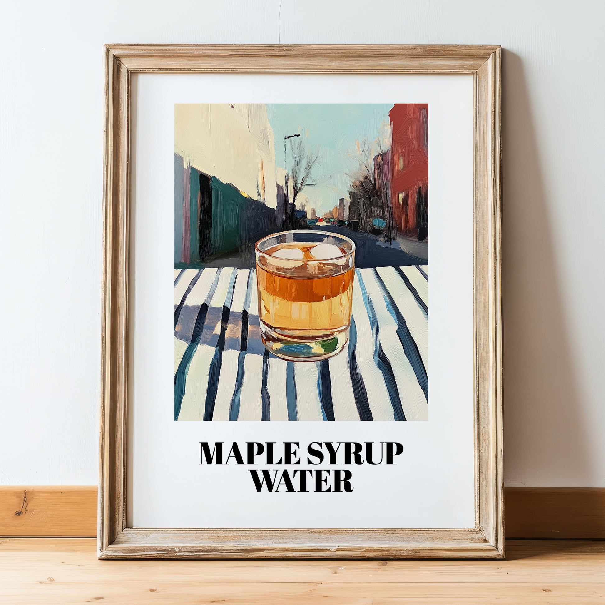 Maple Syrup Water – Canadian Urban Café Scene, Canadian Cocktail Illustration, in wooden frame leaning on the floor