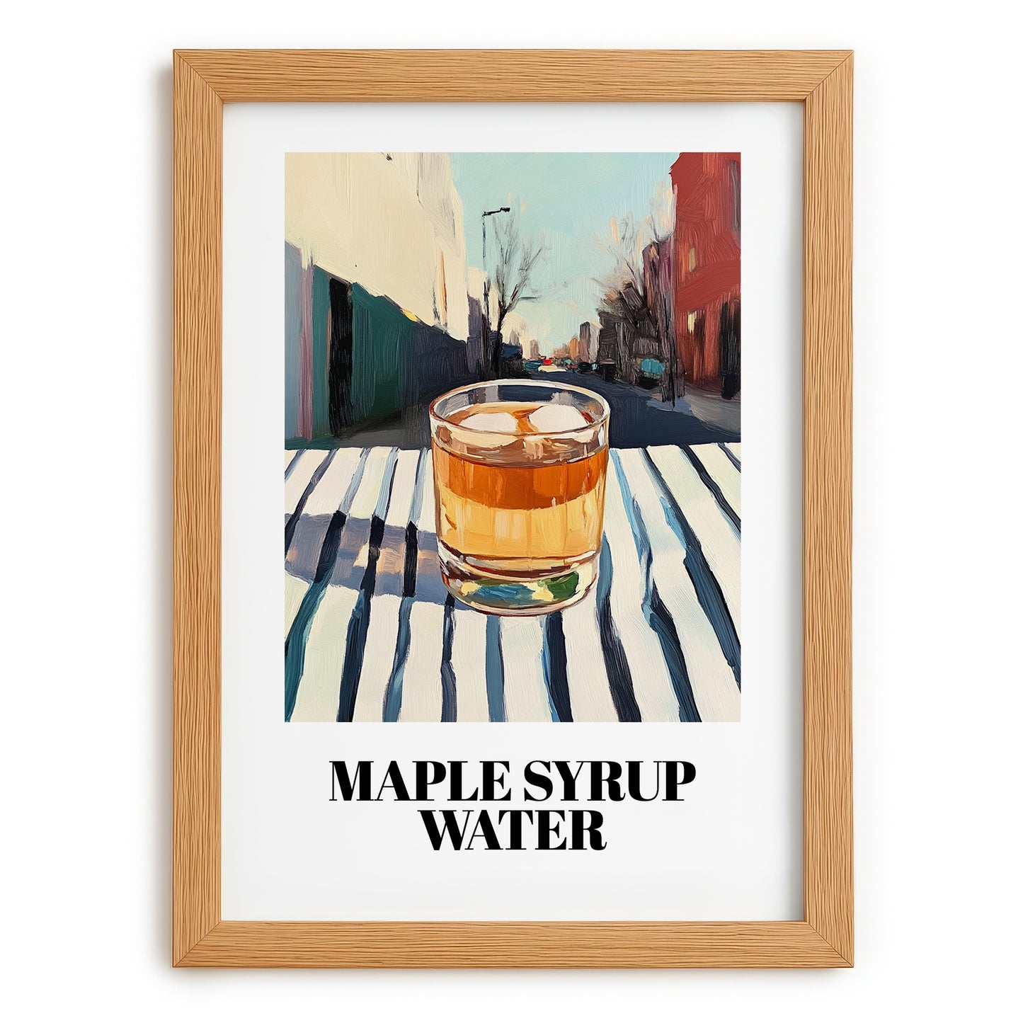 Maple Syrup Water – Canadian Urban Café Scene, Canadian Cocktail Illustration, set in oak frame