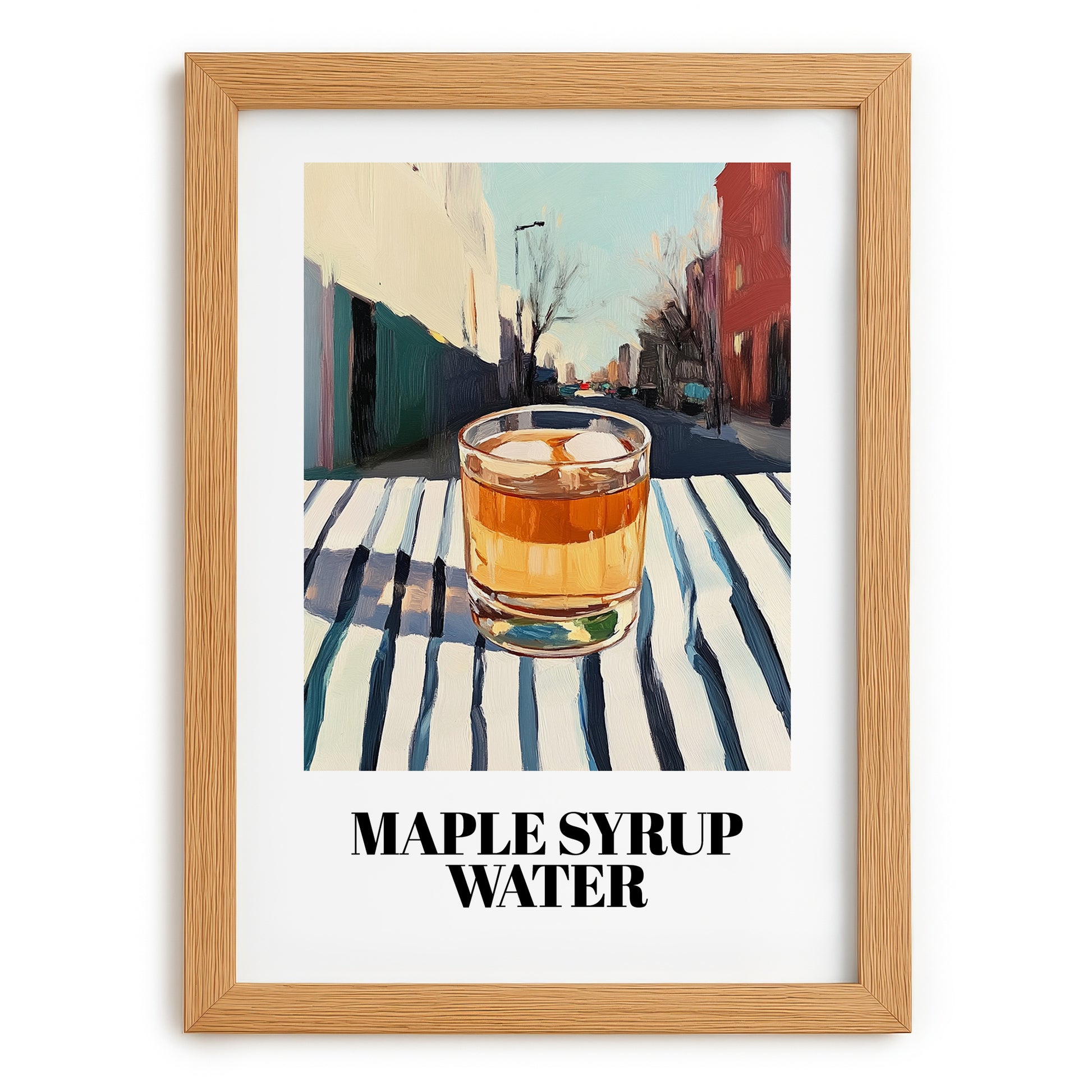 Maple Syrup Water – Canadian Urban Café Scene, Canadian Cocktail Illustration, set in oak frame