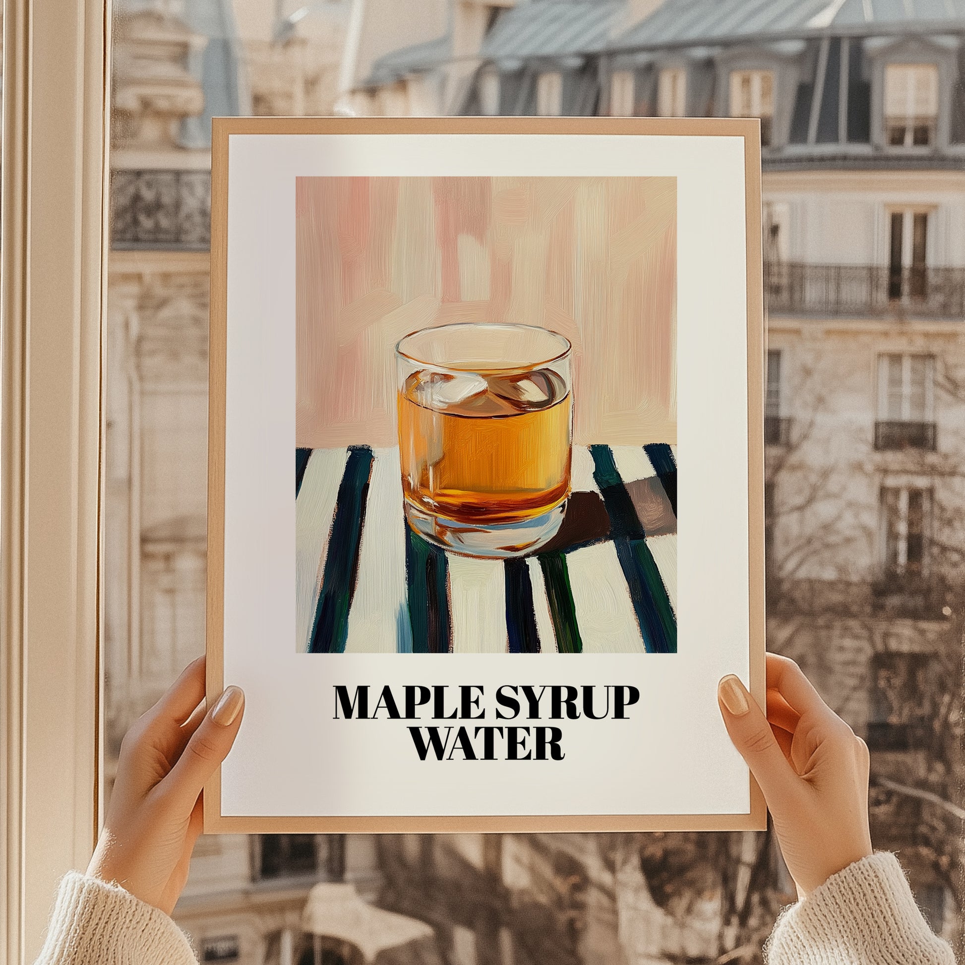 Maple Syrup Water – on Striped Tablecloth, Canadian Beverage Print, styled in a charming Paris street view
