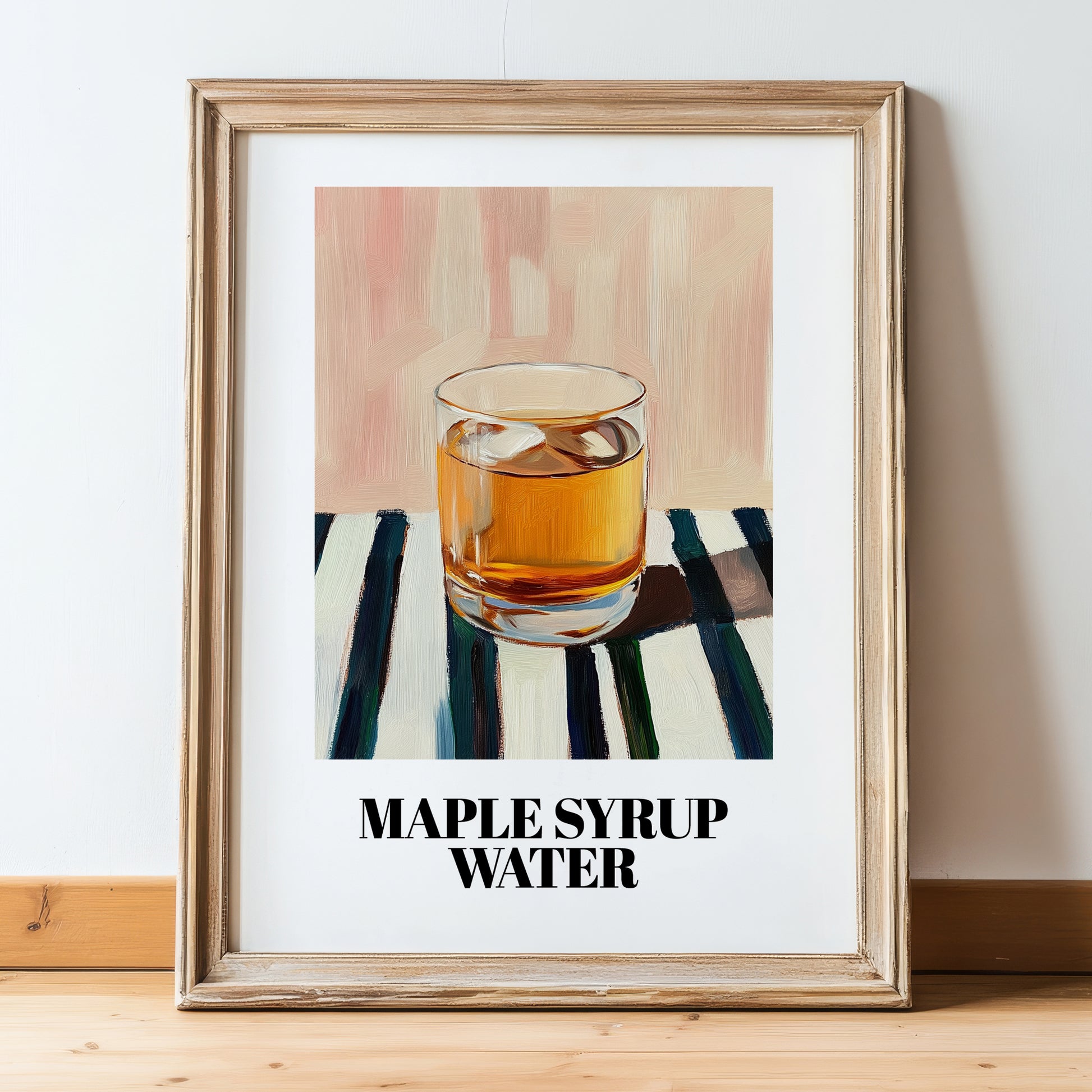 Maple Syrup Water – on Striped Tablecloth, Canadian Beverage Print, in wooden frame leaning on the floor