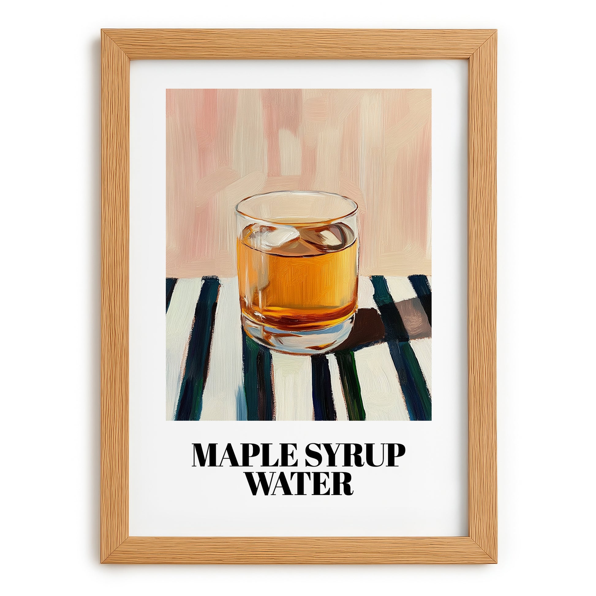 Maple Syrup Water – on Striped Tablecloth, Canadian Beverage Print, set in oak frame