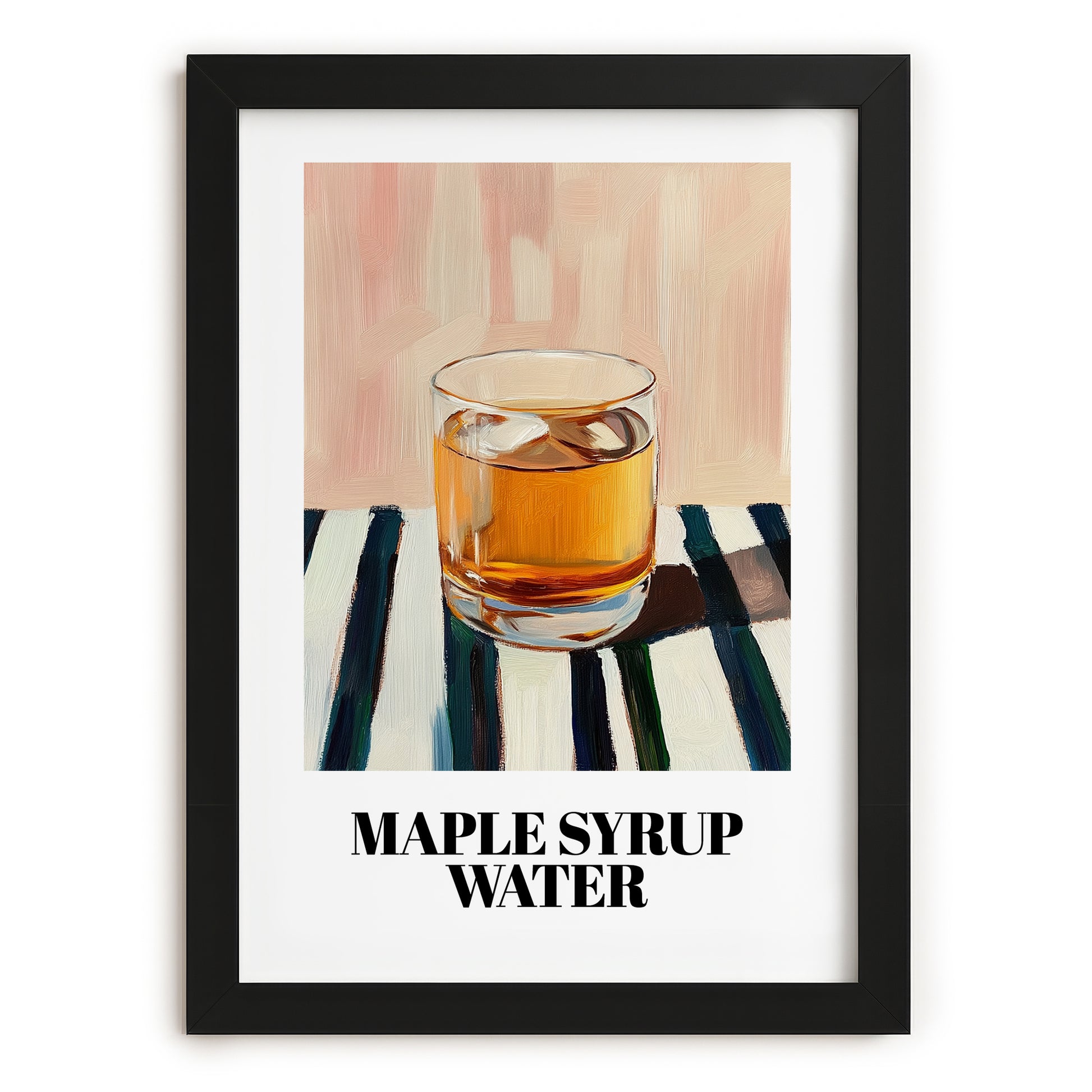 Maple Syrup Water – on Striped Tablecloth, Canadian Beverage Print, in sleek black frame