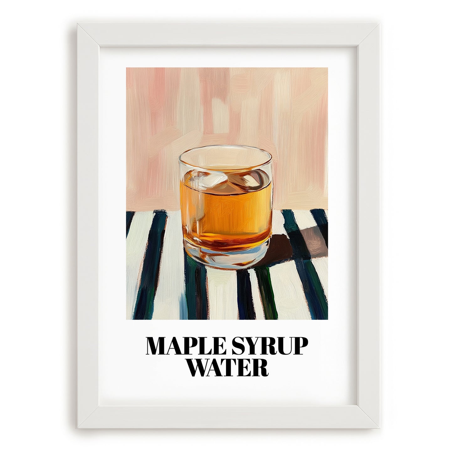 Maple Syrup Water – on Striped Tablecloth, Canadian Beverage Print, placed in minimal white frame