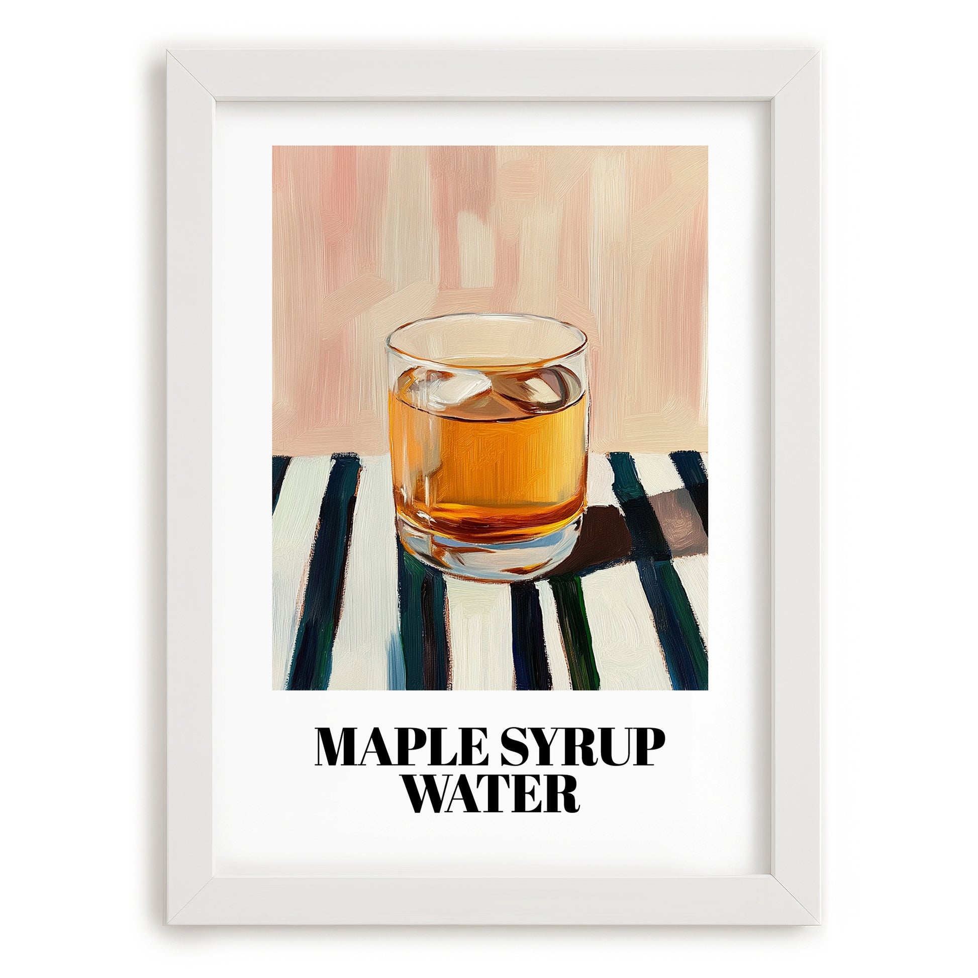 Maple Syrup Water – on Striped Tablecloth, Canadian Beverage Print, placed in minimal white frame