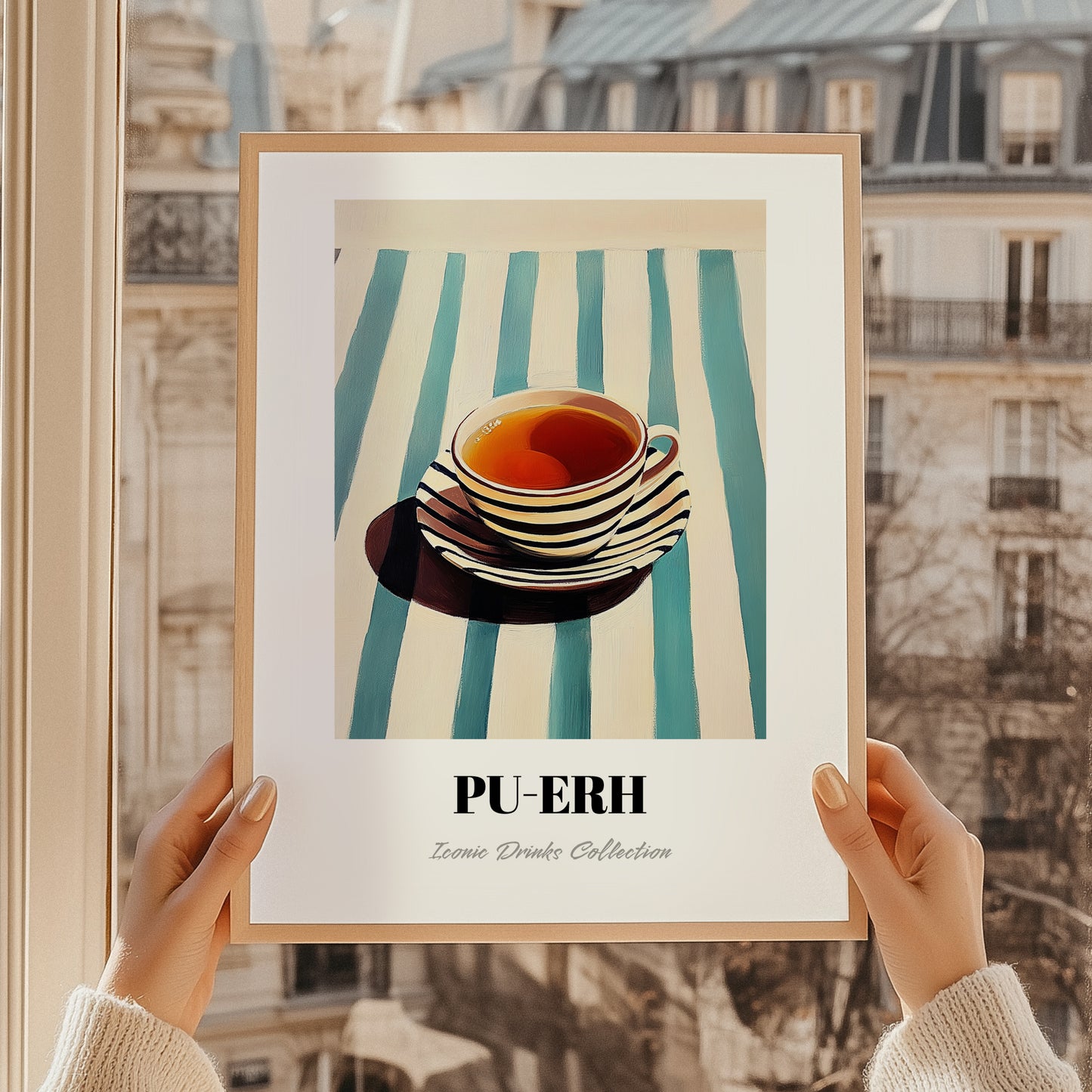 Baijiu – on Striped Tablecloth, Chinese Beverage Poster, styled in a charming Paris street view