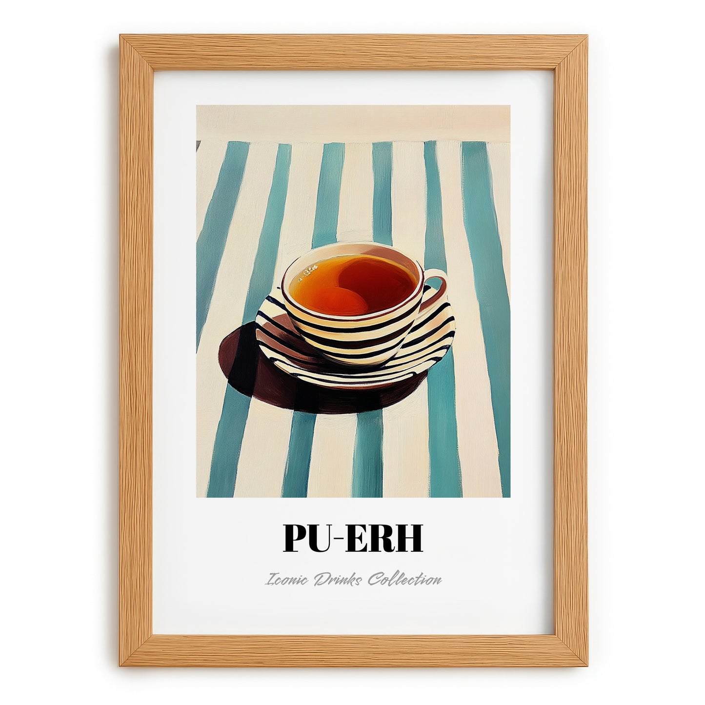 Baijiu – on Striped Tablecloth, Chinese Beverage Poster, set in oak frame