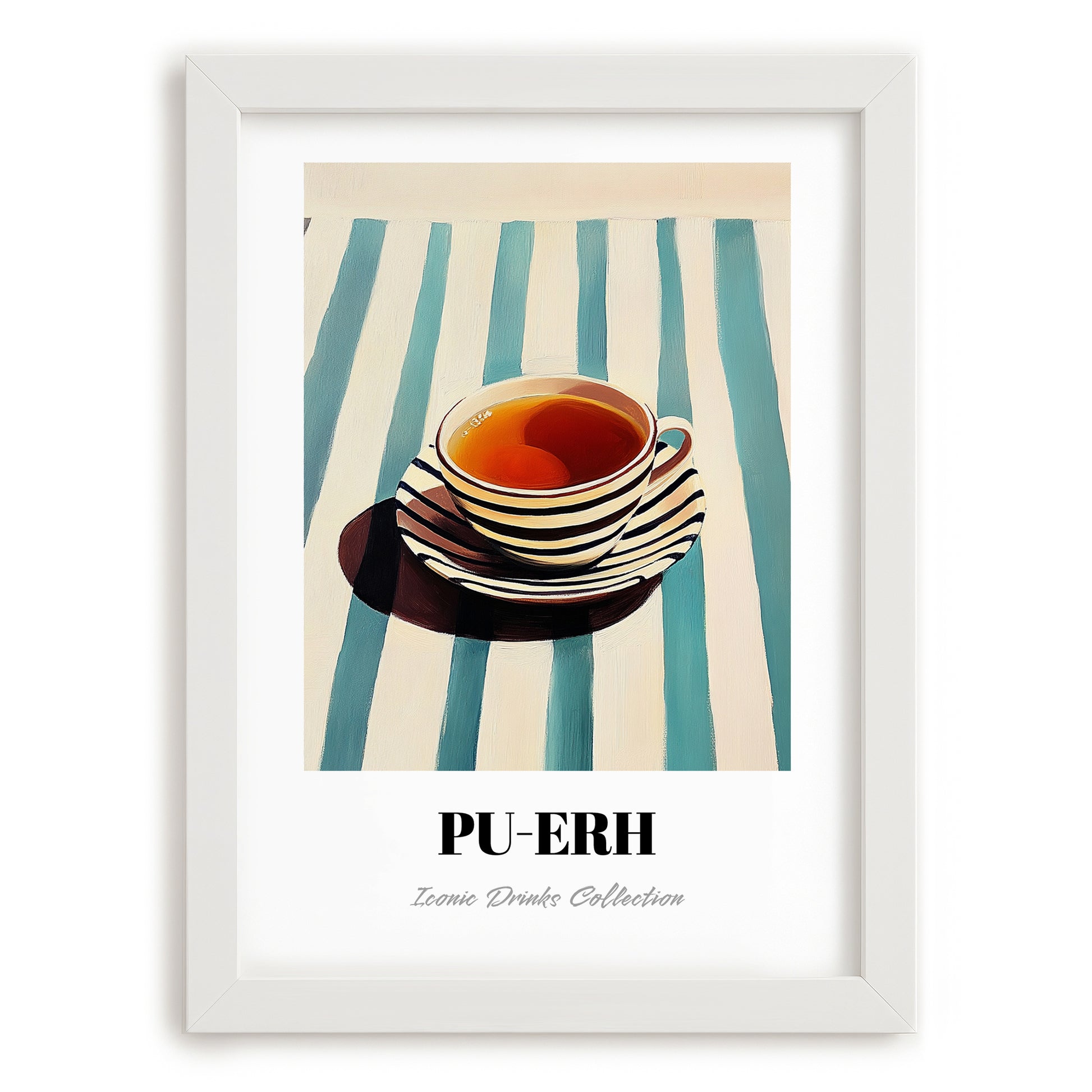 Baijiu – on Striped Tablecloth, Chinese Beverage Poster, placed in minimal white frame