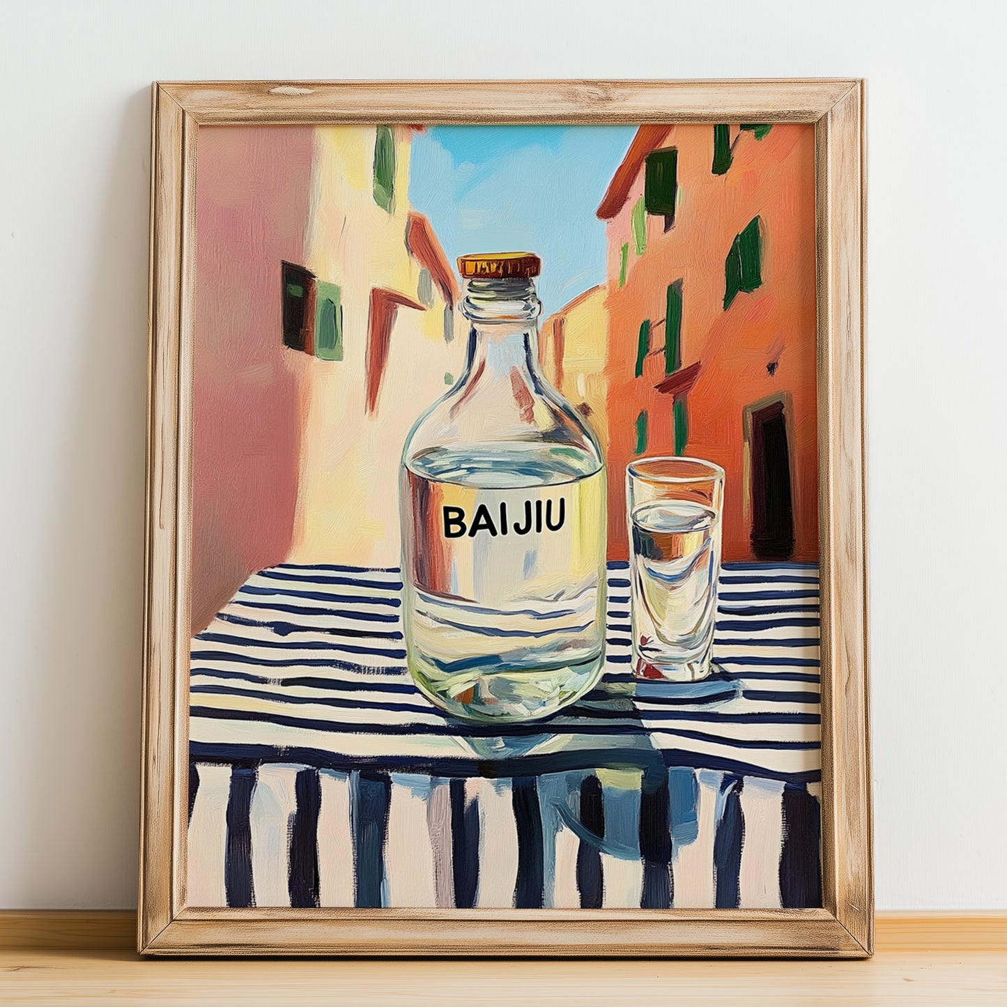 Pu-erh Tea – Chinese Urban Café Scene, Chinese Tea Poster, no-text version framed in wood